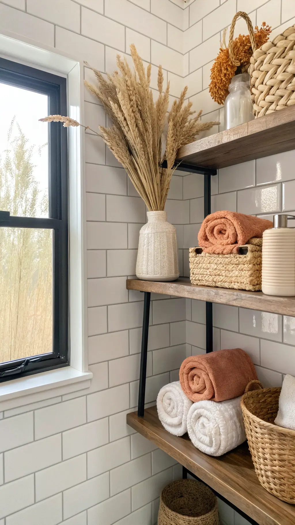 Modern farmhouse bathroom with sunlit frosted window, autumnal DIY arrangement on floating wooden shelves, rolled terracotta and beige towels in woven basket, subway tile backdrop with matte black fixtures