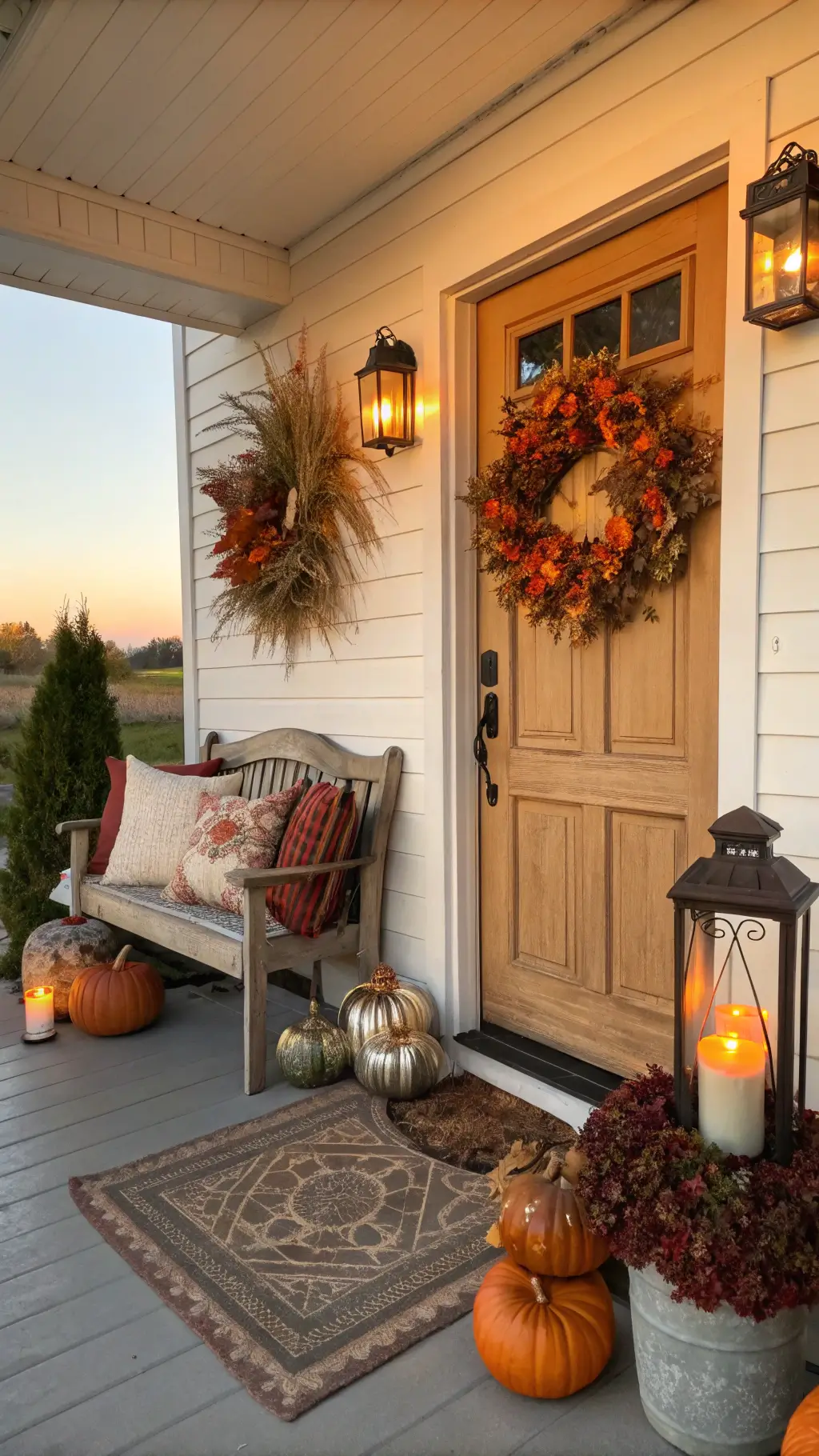 Covered porch at sunset showcasing fall decor with a handcrafted wreath on the door, metallic painted pumpkins, lanterns with LED candles, a vintage wooden bench with autumn-themed pillows, terracotta pots with ornamental grasses, all under golden hour lighting.
