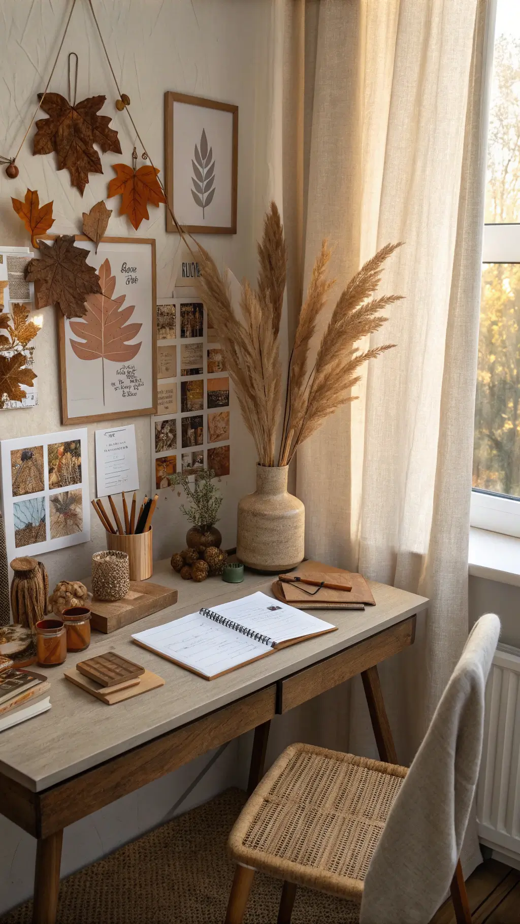 Fall-themed home office desk with DIY mood board, pampas grass in ceramic vase, and copper accessories in soft morning light