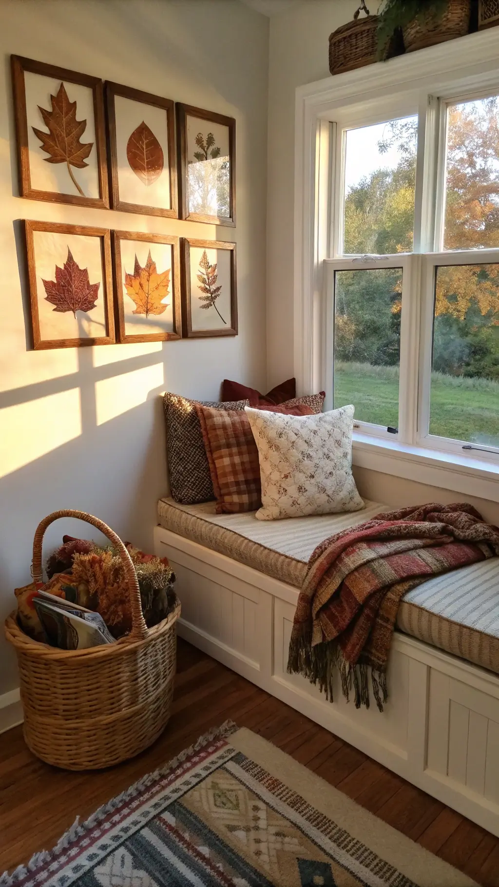 Cozy window seat nook during late afternoon with fall-themed cushions, DIY pressed leaf art in copper frames, and woven basket with blankets