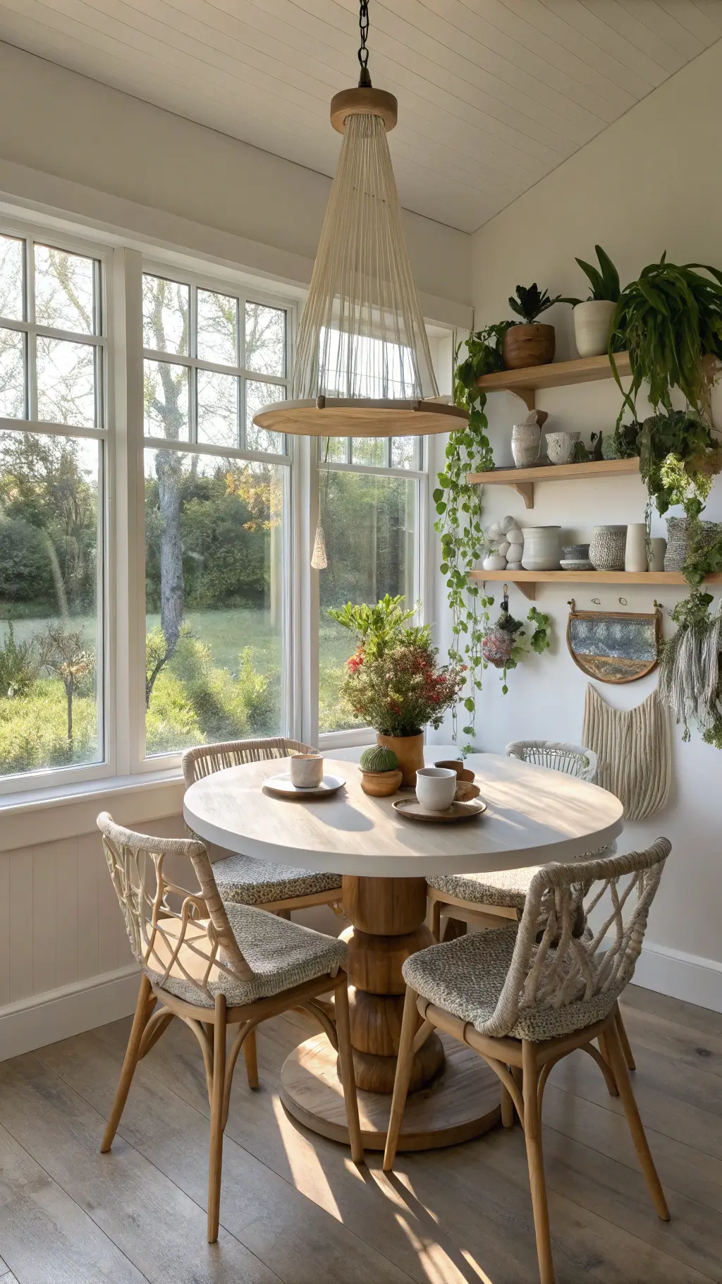 Sunlit breakfast nook with round oak table, vintage chairs, shelves of earthenware mugs, and macramé plant hangers in front of large corner windows showcasing pastoral views.
