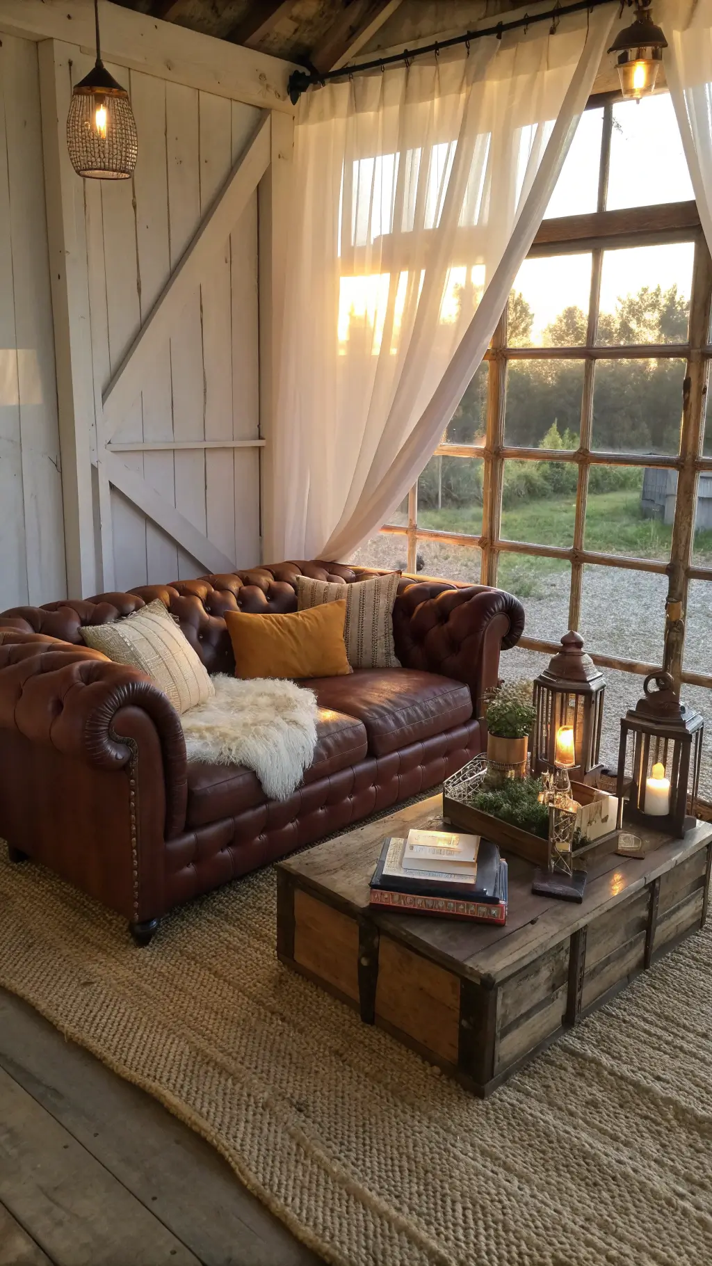 Cozy barn lounge with vintage cognac leather Chesterfield sofa adorned with faux fur throws and velvet pillows, copper floor lanterns on a jute rug, styled wooden coffee table with books and votives, bathed in soft late afternoon light.