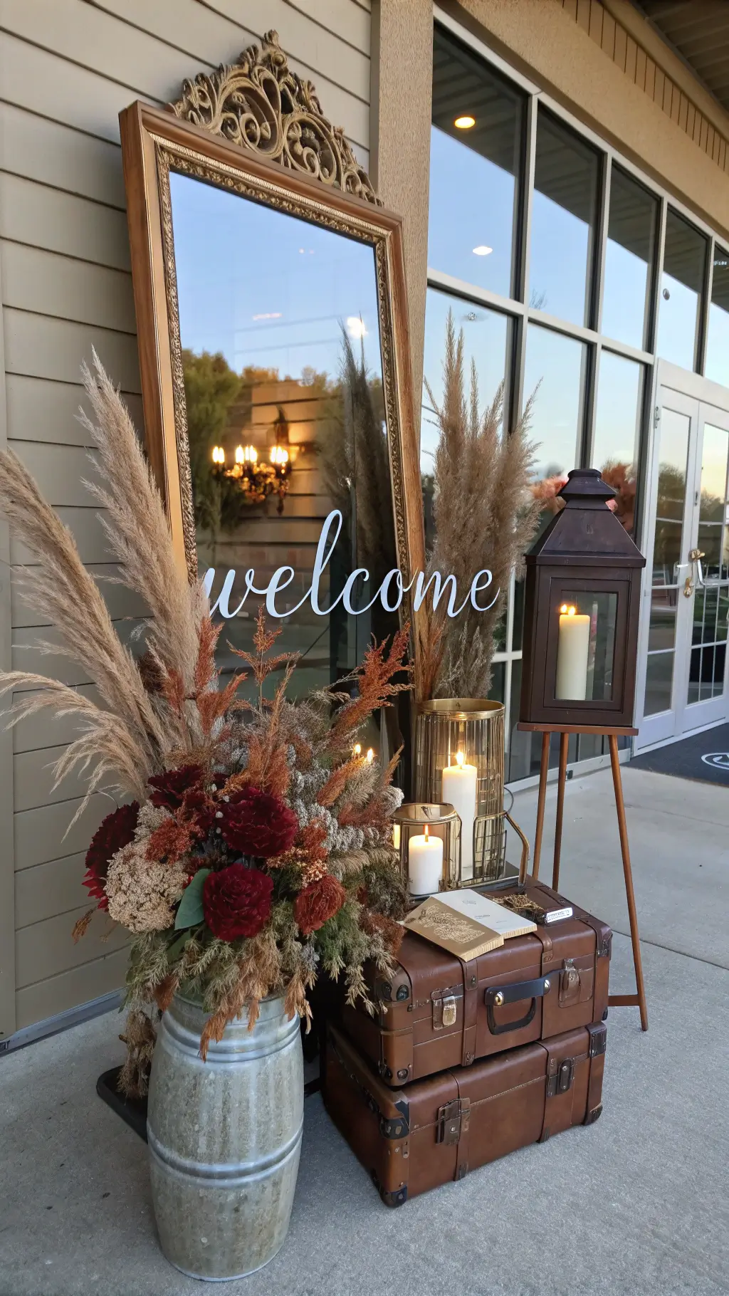 Vintage entrance vignette with a tall brass mirror displaying a welcome sign, a dried flower arrangement, vintage trunk used as a gift table and candlelit lanterns during blue hour.