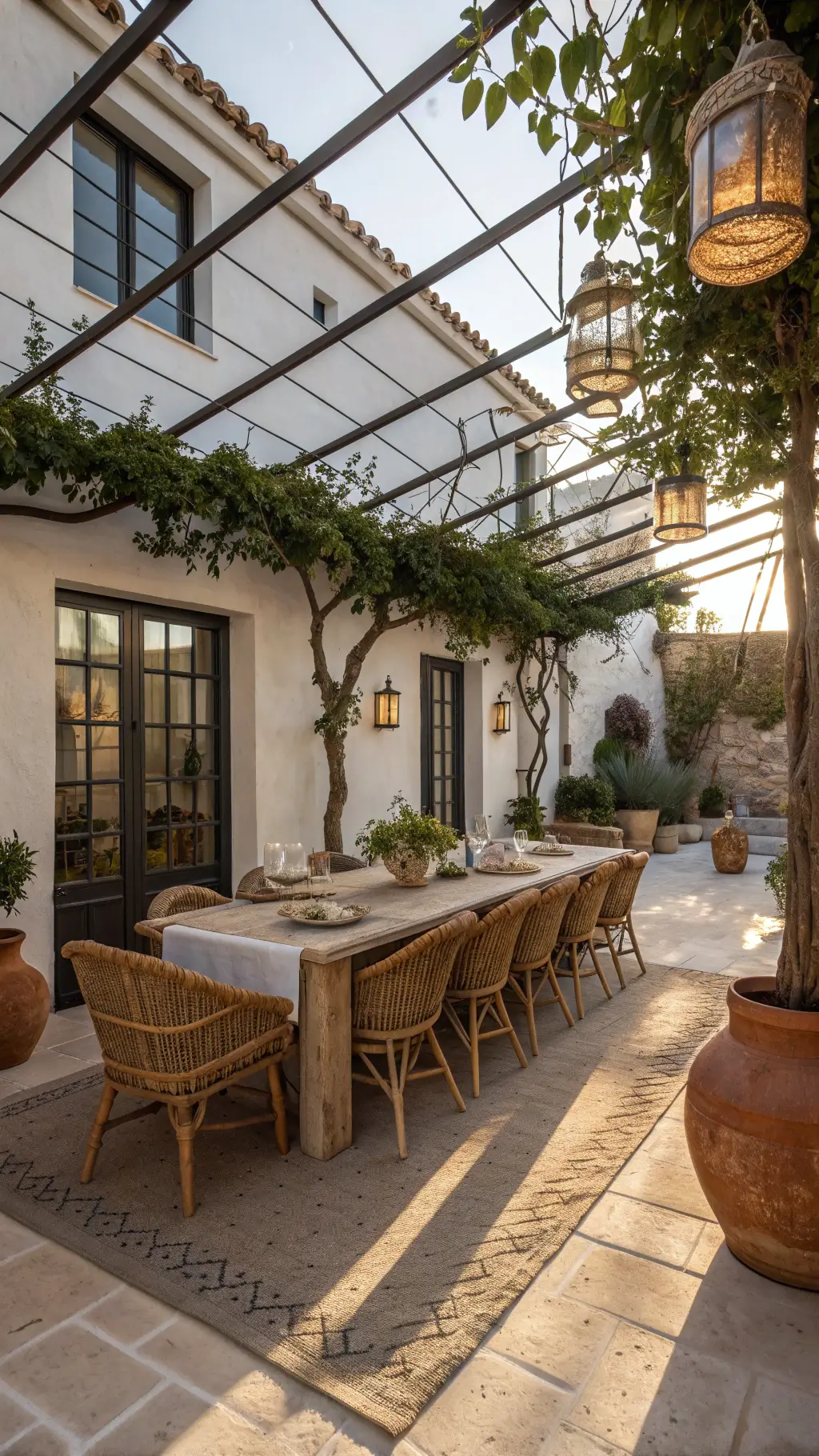 Intimate Mediterranean courtyard dining space with retractable glass walls, rustic wooden table, and rattan chairs under golden hour lighting.