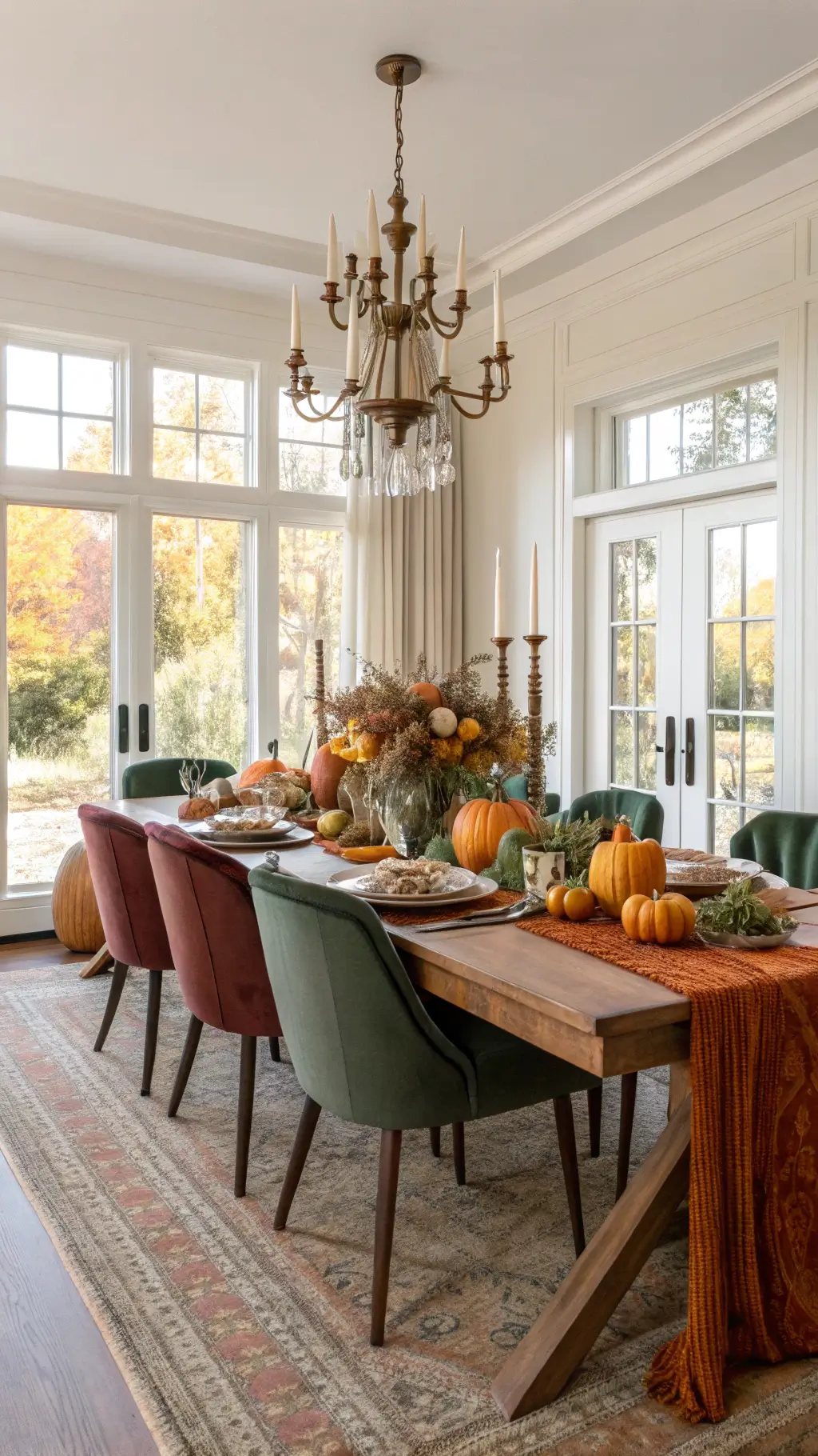 Traditional dining room bathed in golden hour light with autumnal decor, oak dining table, velvet and leather chairs, and a fall-inspired centerpiece.