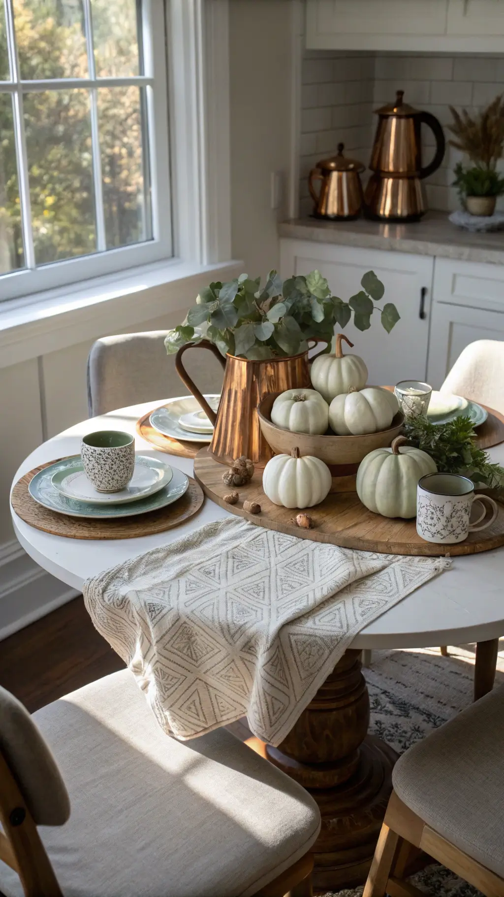 Harvest-themed breakfast nook with bay window, highlighted by morning light, round table with cream tablecloth and wooden placemats, centerpiece of white pumpkins and eucalyptus, rattan chairs and vintage kitchenware.