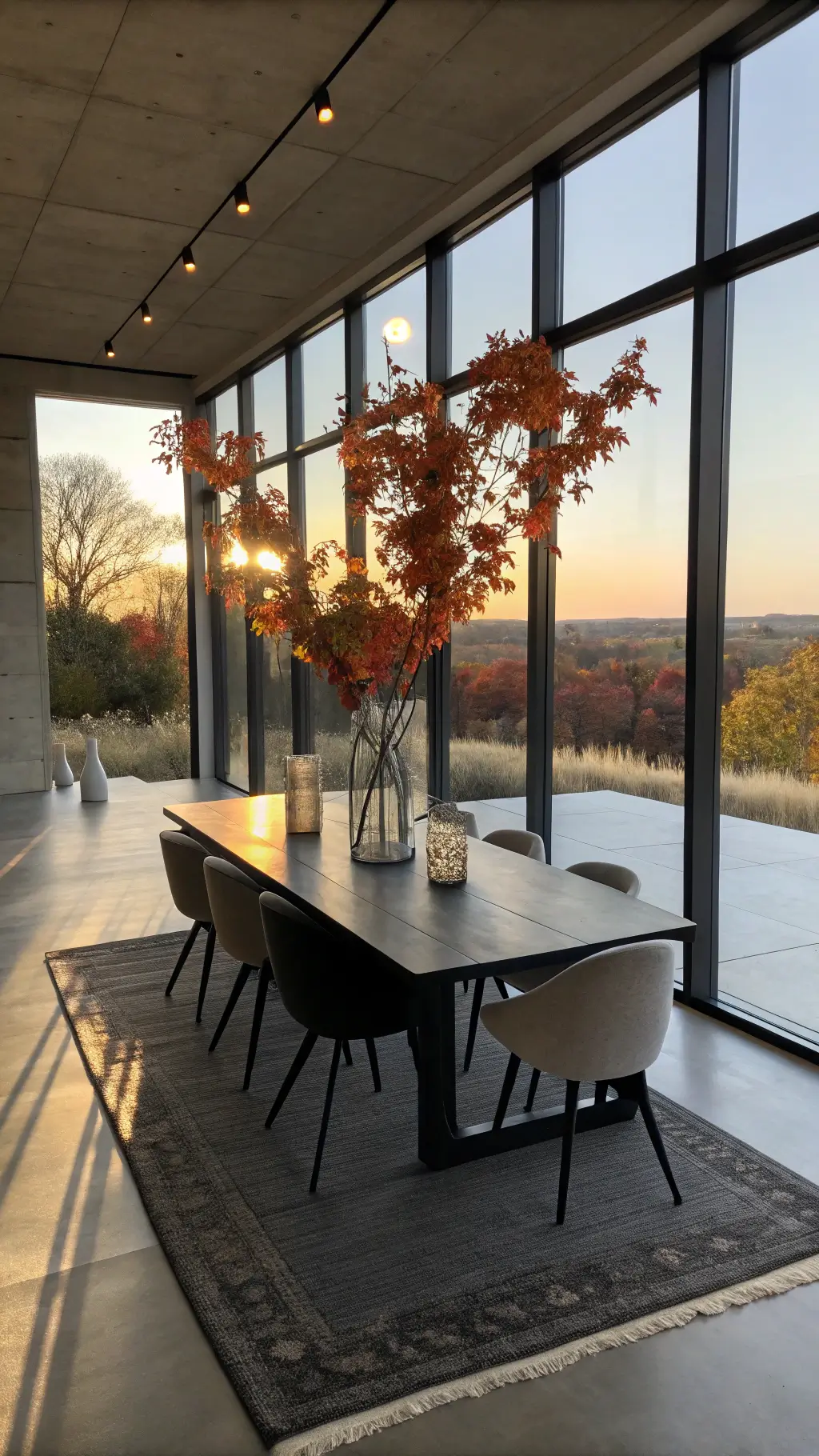 12x14ft modern dining space featuring a matte black table with minimalist fall decor, surrounded by ghost chairs, against large floor-to-ceiling windows casting afternoon shadows on polished concrete floor
