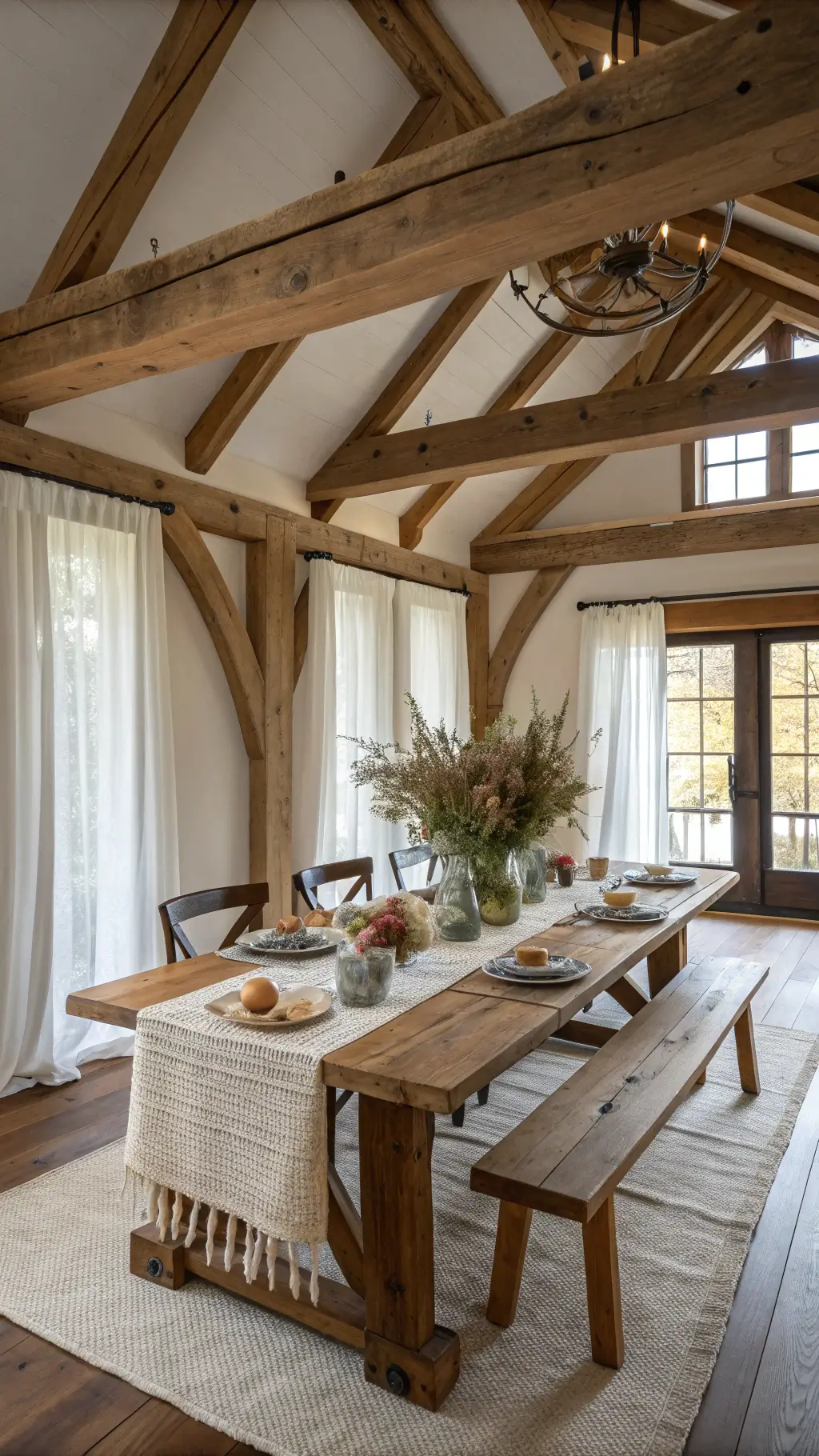 Rustic farmhouse dining room featuring exposed wooden beams, a reclaimed wood table with a cream chunky knit runner, earthy brown ceramic chargers, sage linen napkins, and a centerpiece of foraged items in a weathered zinc pitcher, surrounded by Windsor chairs in soft black contrasted with natural wood, all under soft, even lighting.