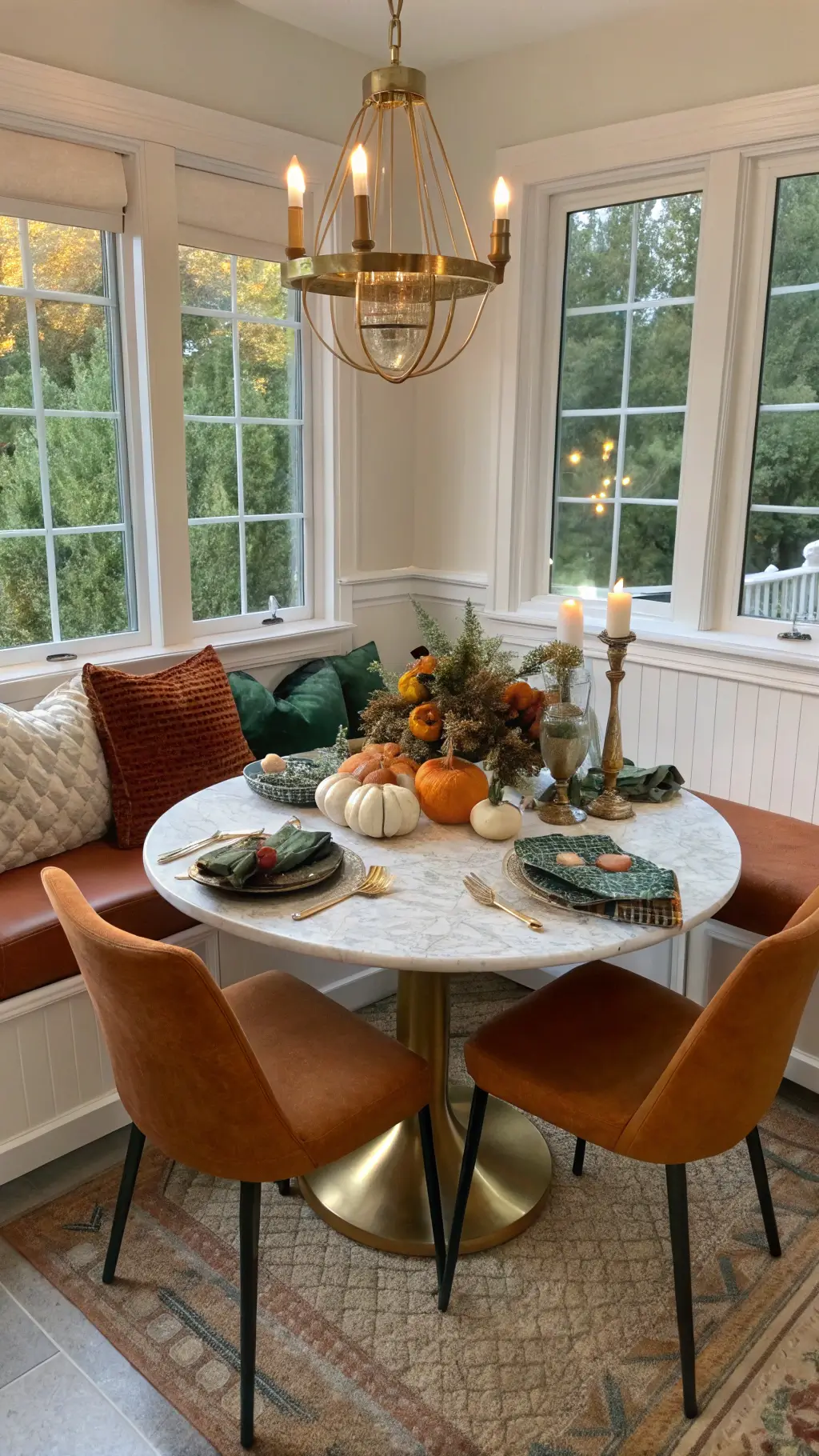 Cozy dining nook with built-in window seat in warm light, featuring round marble-topped table set with autumnal table setting, upholstered cognac leather chairs, and a centerpiece with mini pumpkins and dried oak leaves.