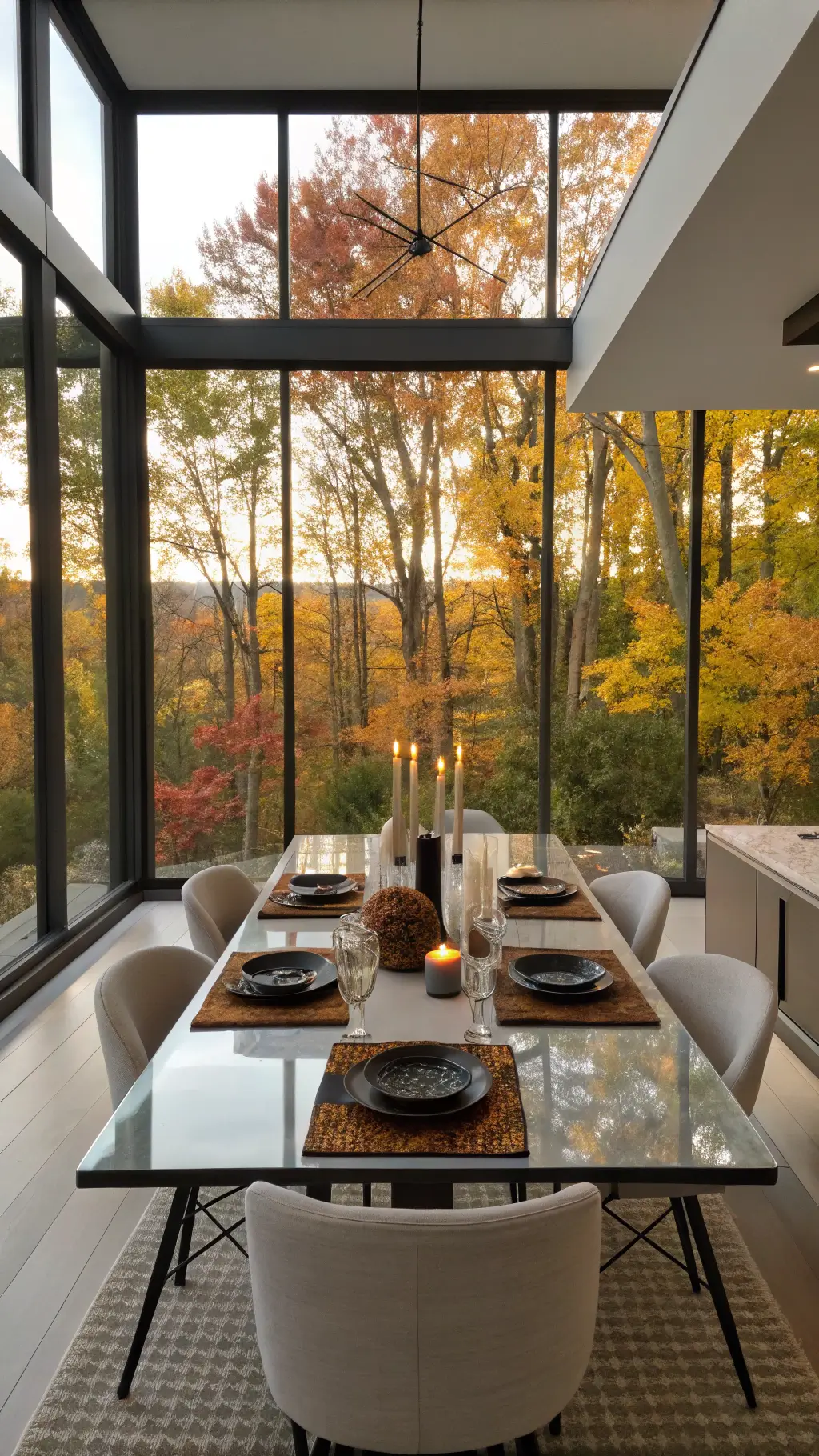 Contemporary dining space with floor-to-ceiling windows, sleek glass table, minimalist autumn decor, and wire-frame chairs, overlooking beautiful autumn foliage.