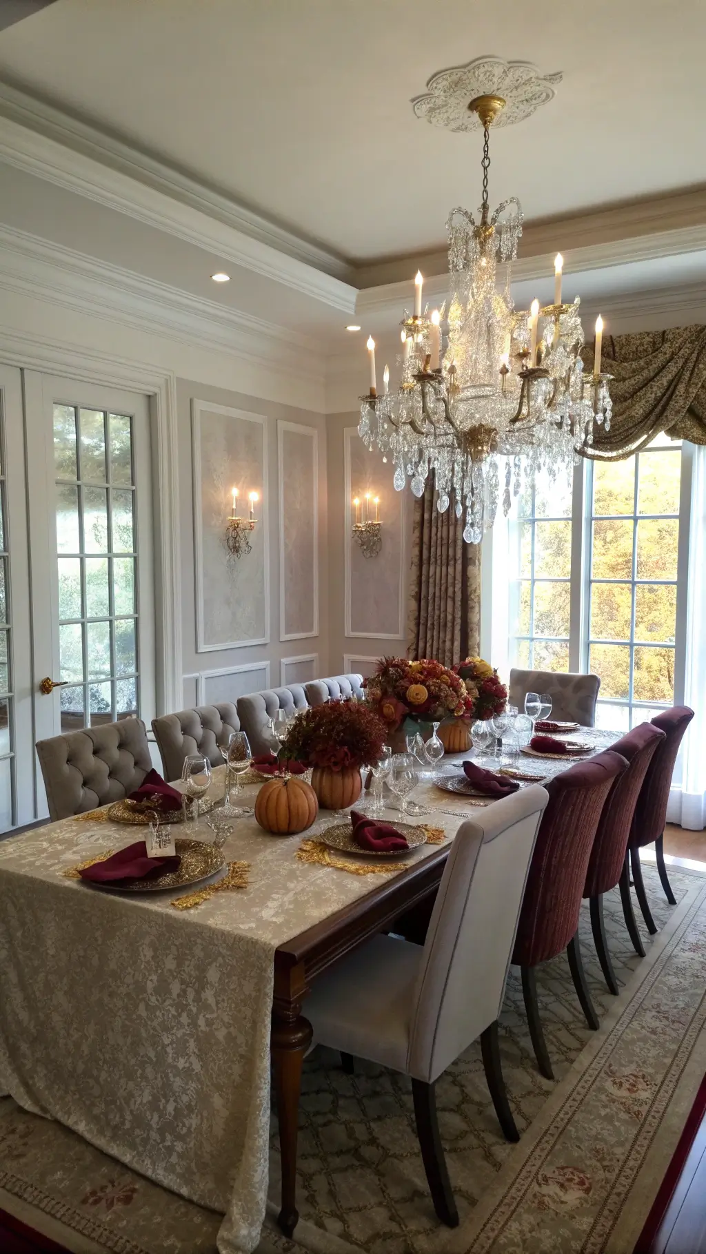 Elegant formal dining room with wainscoting, crystal chandelier, mahogany table set with autumn-themed décor, and pearl grey velvet chairs, lit with a dim, ambient glow.