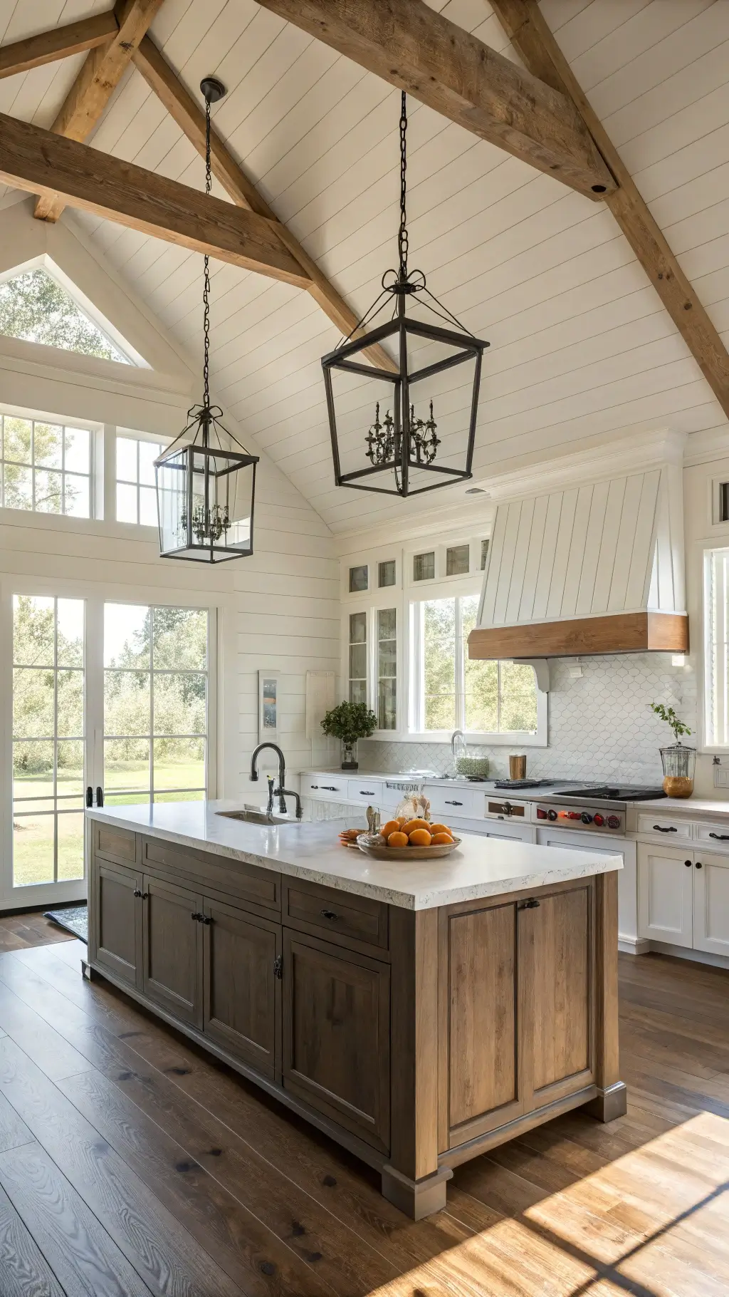 Warm morning light illuminating a spacious farmhouse kitchen with white shiplap walls, distressed oak island, oversized black metal pendant, exposed wooden beams, and marble countertops.