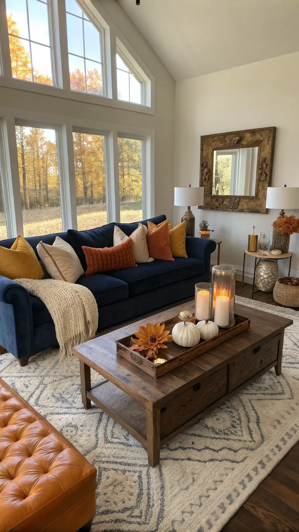 Cozy living room featuring navy velvet sofa, weathered oak coffee table with fall decorations, leather armchairs, warm artwork and a copper mirror above the fireplace, lit by soft golden hour sunlight and amber table lamps.