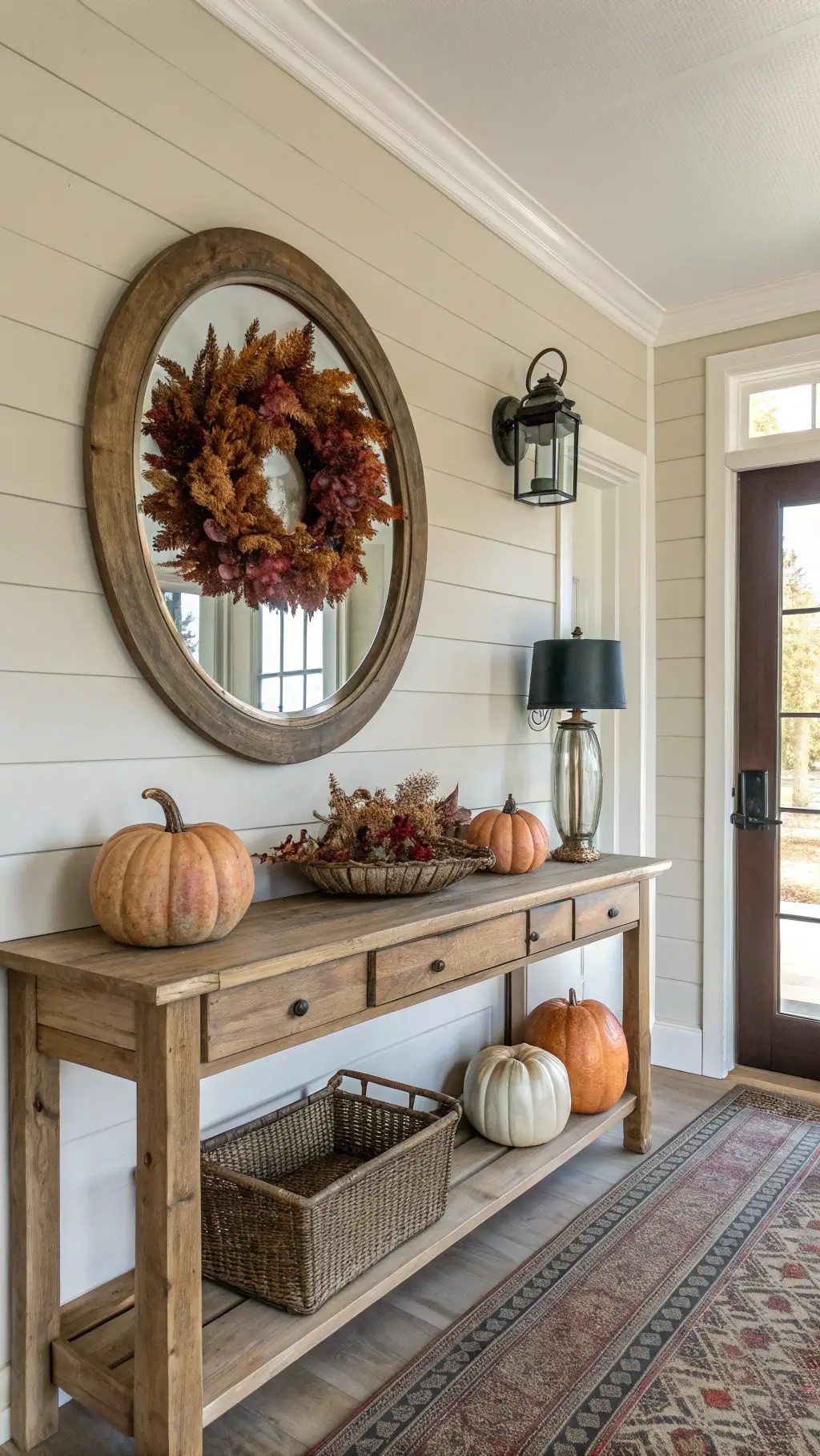 Vintage entryway with a brass mirror reflecting an autumn wreath, a weathered tray with velvet pumpkins, and a black lantern on an oak console table, warm greige shiplap walls, and soft ambient lighting.
