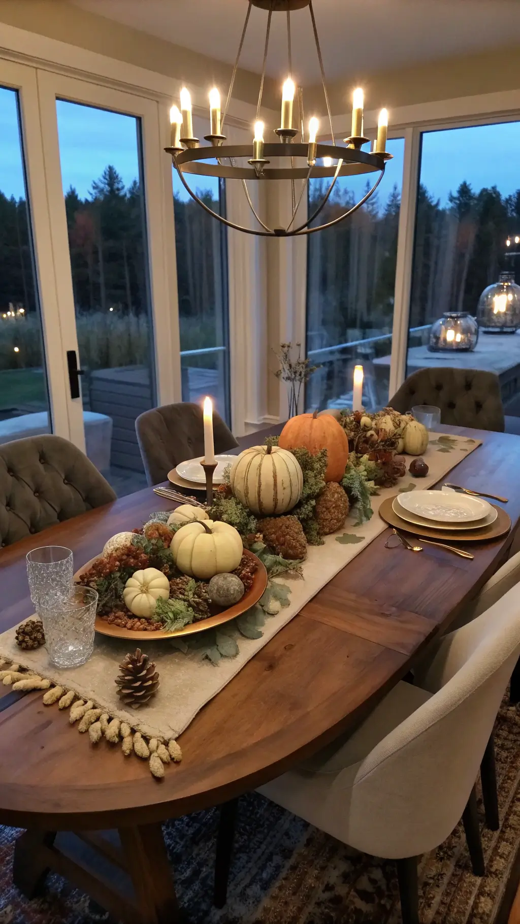 High-angle view of a sophisticated dining room with walnut table, velvet chairs, brass chandelier and autumn-themed centerpiece during blue hour.