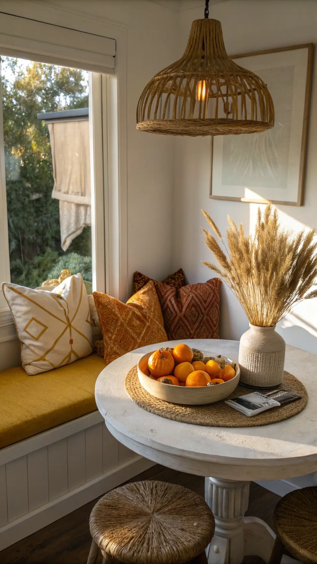 Cozy breakfast nook at dawn featuring window bench with mustard yellow cushions, rustic round table with bowl of orange pumpkins, and rattan pendant light.