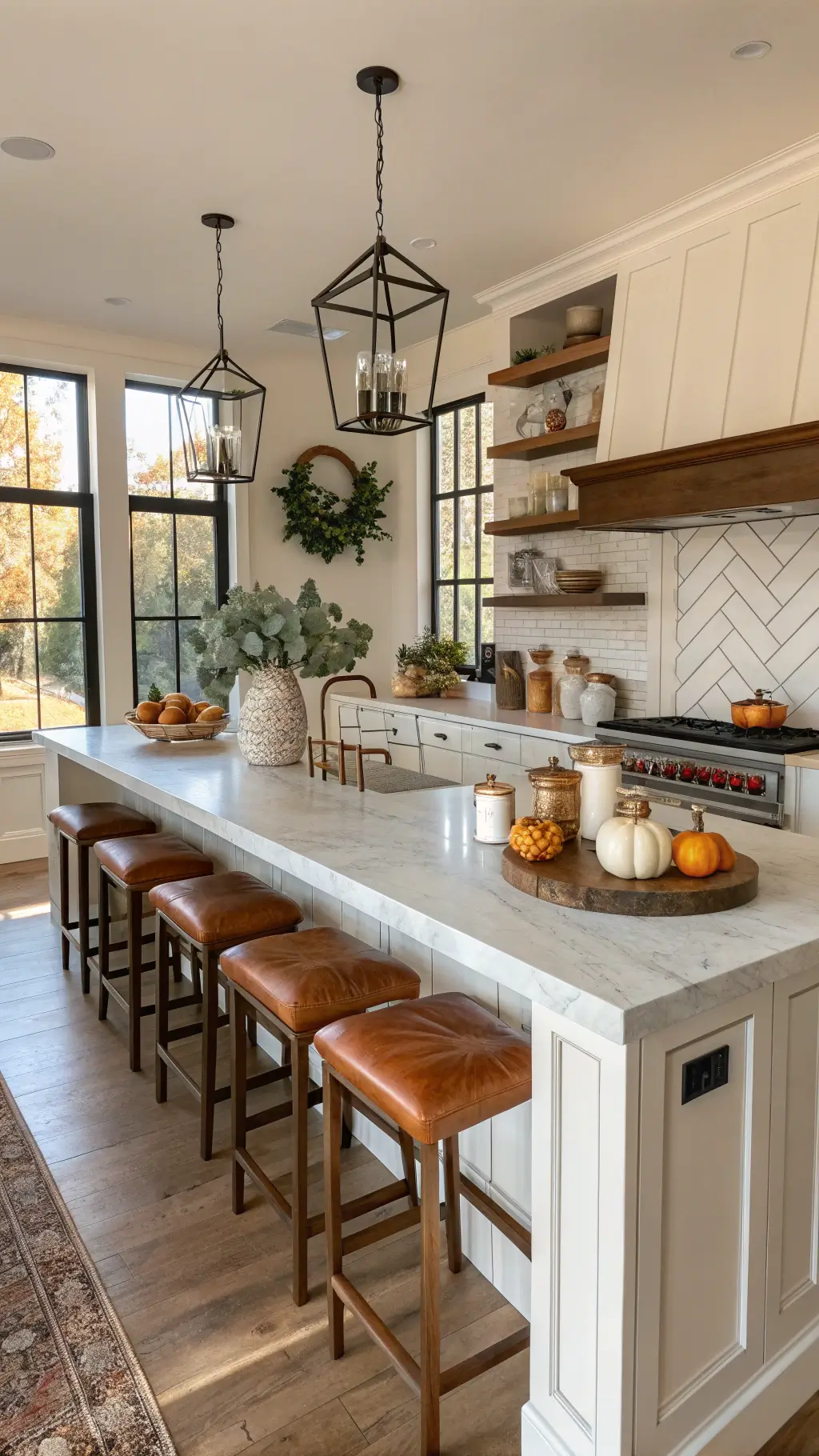 Light-filled modern farmhouse kitchen with marble island, copper canisters, white ceramic pumpkins, eucalyptus garland, wooden bar stools, and open shelving displaying amber glass vessels and earthenware, shot from a slight elevation