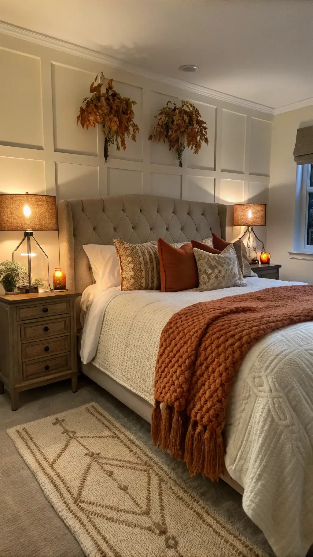 Low-lit master bedroom at dusk with king bed adorned in cream and autumn-colored linens, beside tables with brass lamps and oak leaf arrangements, shot from bed height for emphasis on texture