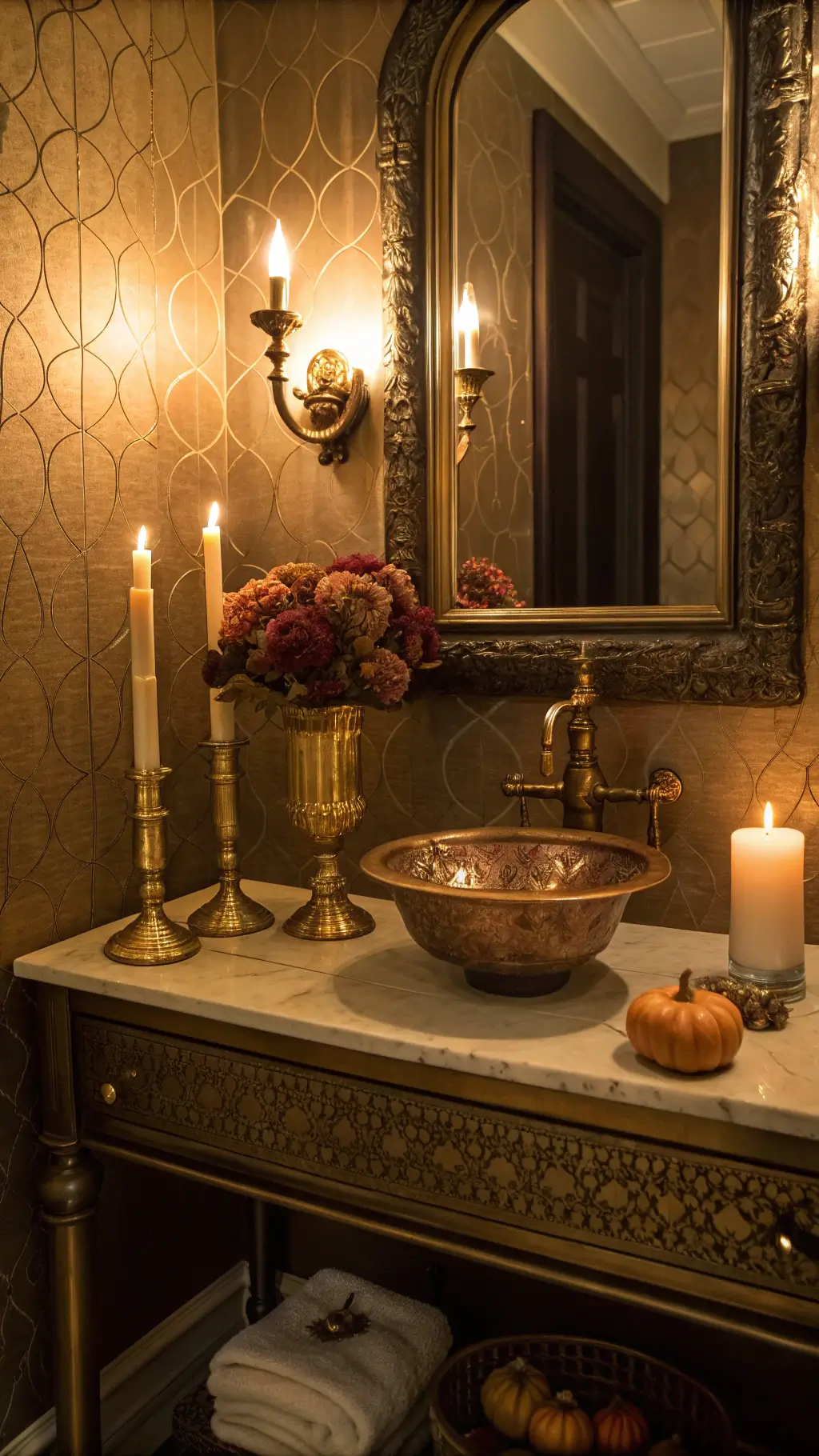 Dramatic close-up of a vintage brass vanity with mercury glass candle holders, mini pumpkins in a copper bowl, and burgundy dried hydrangeas in a candlelit powder room with warm champagne wallpaper and moody sconce lighting.