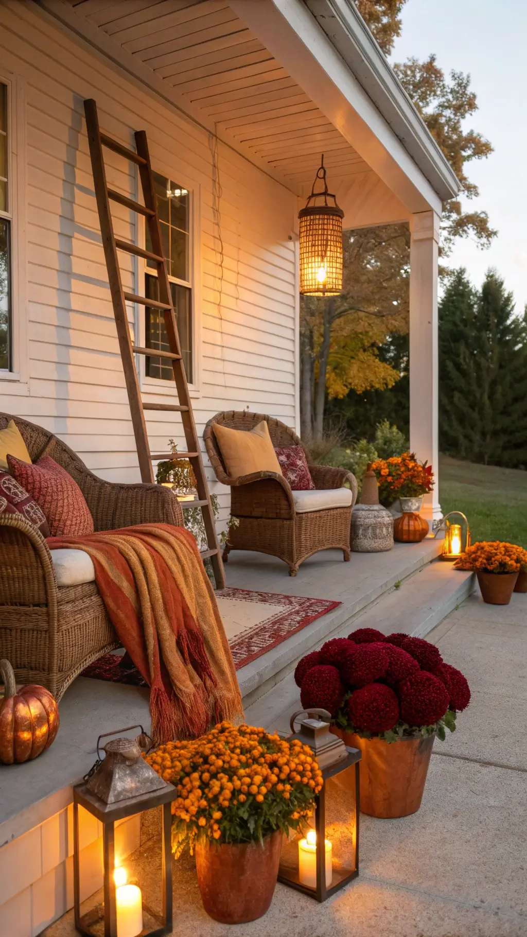 Covered back porch with wicker furniture and autumn-themed decoration during sunset.