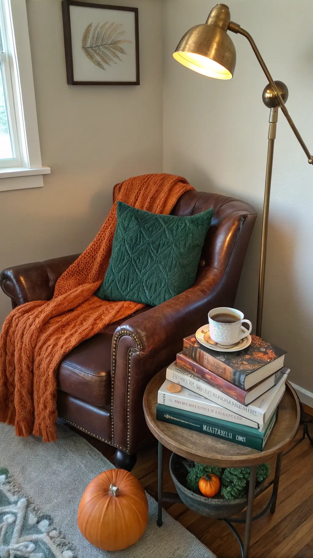 Cozy reading nook with a large leather armchair, orange knit throw, green velvet pillow, brass floor lamp, a side table with vintage books, a ceramic pumpkin and a steaming coffee mug, all bathed in warm afternoon light.