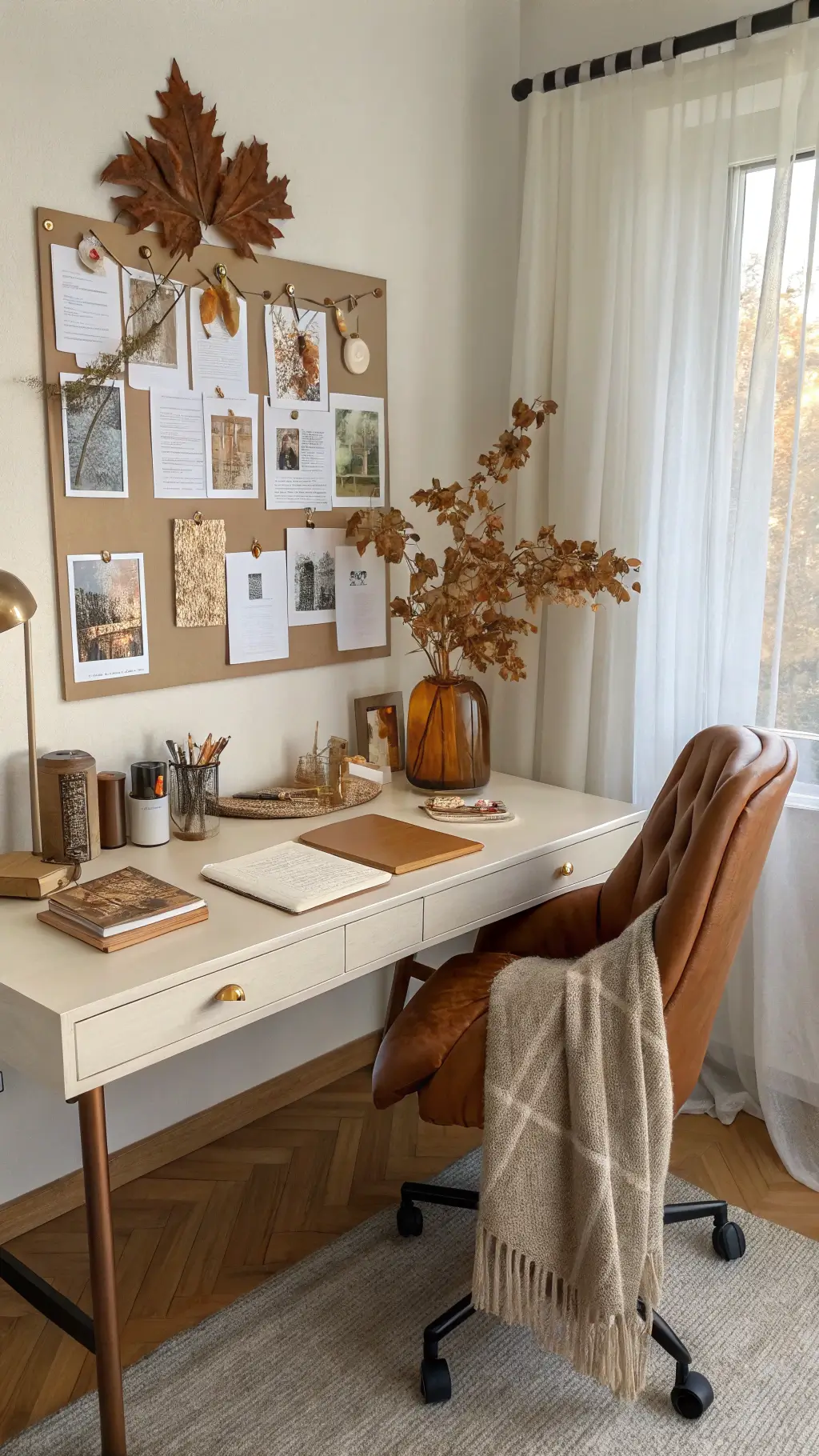 Morning scene of a home office with copper desk accessories, a small arrangement of oak leaves and berries in an amber vase, a linen pinboard displaying autumn-themed images, and a leather desk chair with a textured throw, surrounded by soft, indirect morning light.