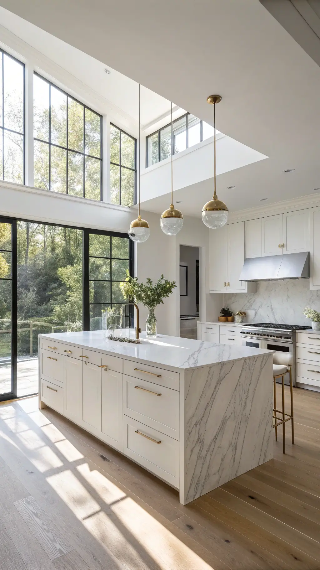 Bright, airy kitchen with floor-to-ceiling windows, matte white cabinets, marble waterfall island, brass pendant lights, and light oak flooring, featuring a ceramic vase with eucalyptus on island in morning sunlight.