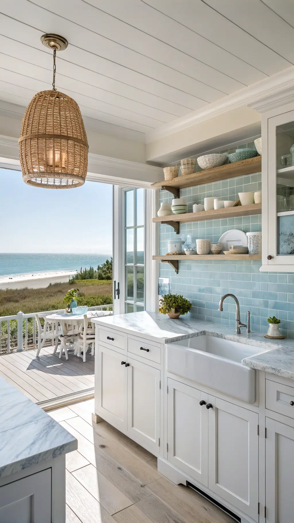 Bright and airy 13x15ft coastal minimalist kitchen with white shaker cabinets, pale blue subway tile backsplash, bleached oak open shelving, honed marble counters, and a rattan pendant, overlooking a stunning ocean view.