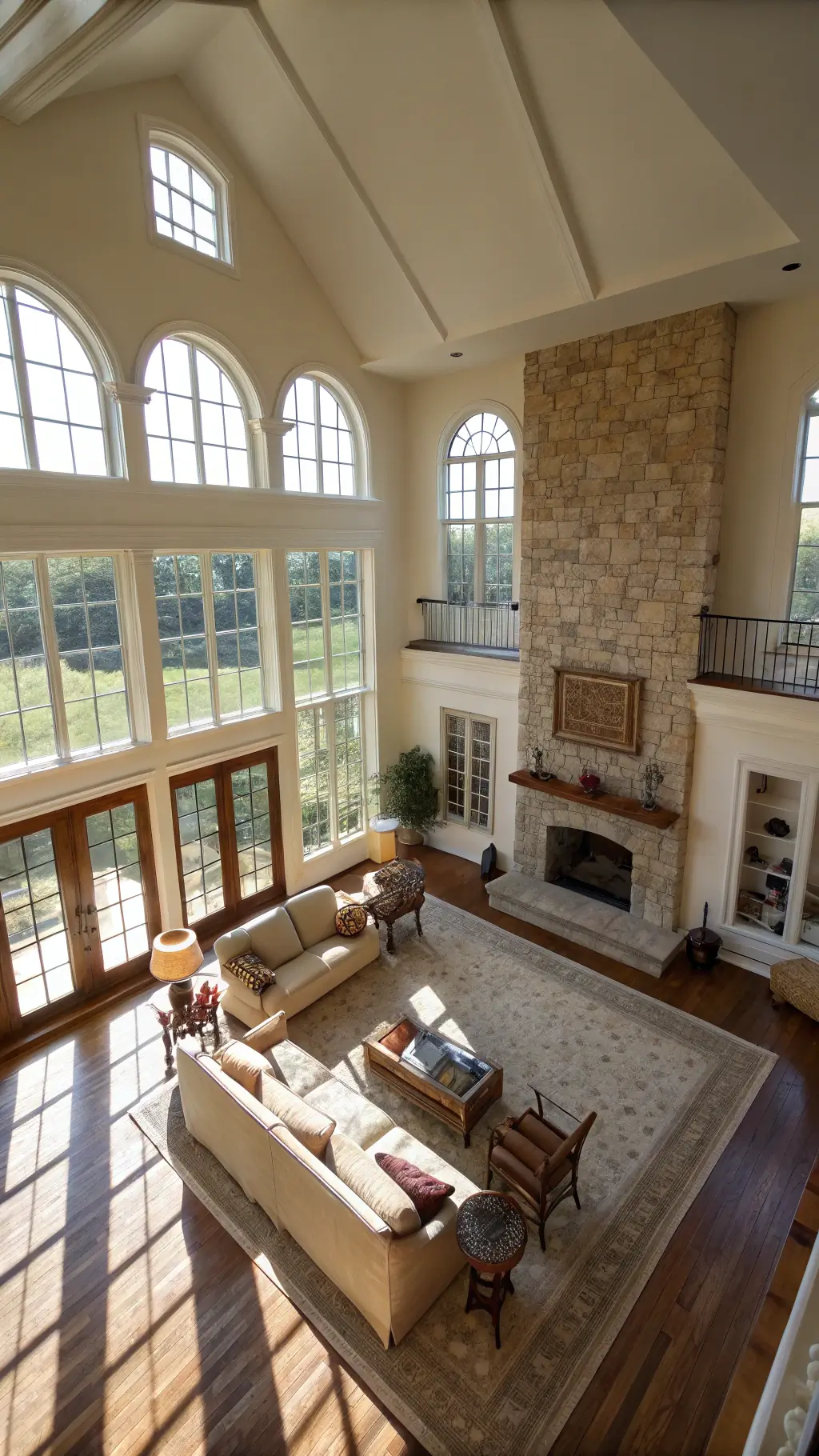 Bright late afternoon light filters through arched windows in a spacious great room, illuminating the large beige sectional, stone fireplace, and mixed rattan and wooden chairs. A natural fiber rug defines the space while the room's double-height ceiling enhances its grandeur.