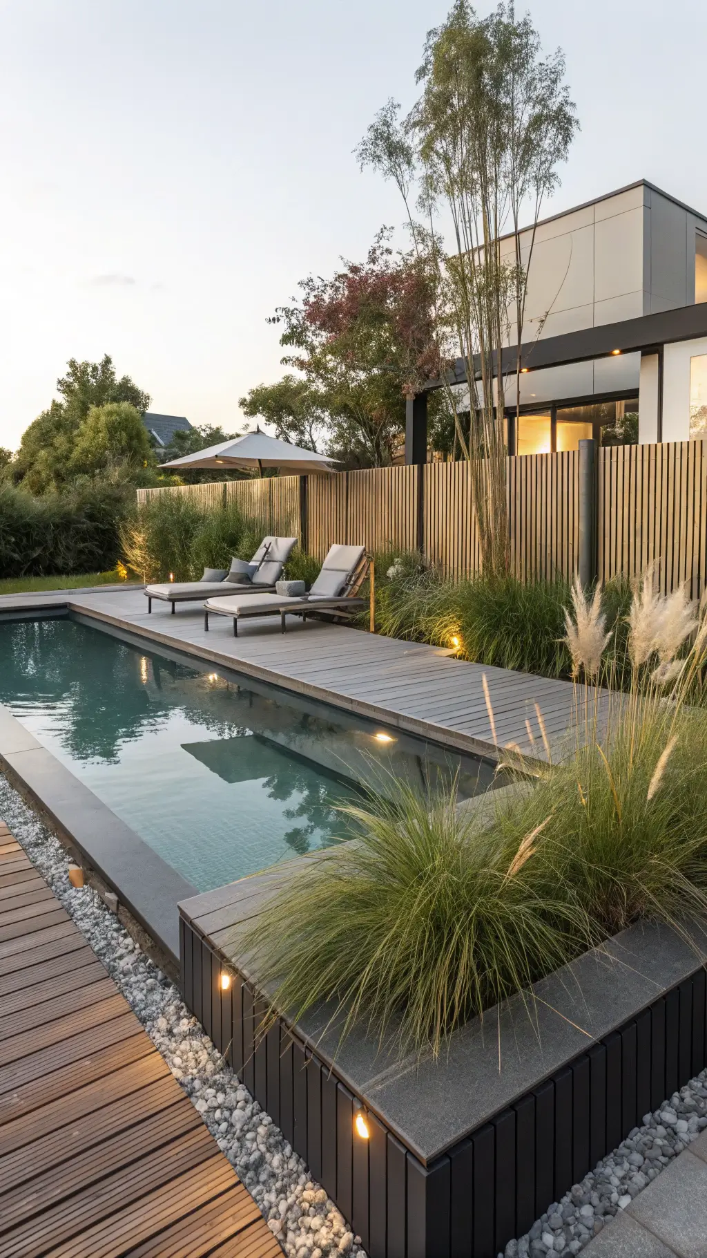 Modern lounge furniture surrounding a negative-edge pool illuminated by late afternoon sun, minimalist color palette of slate gray and bleached teak, with privacy provided by structured bamboo.