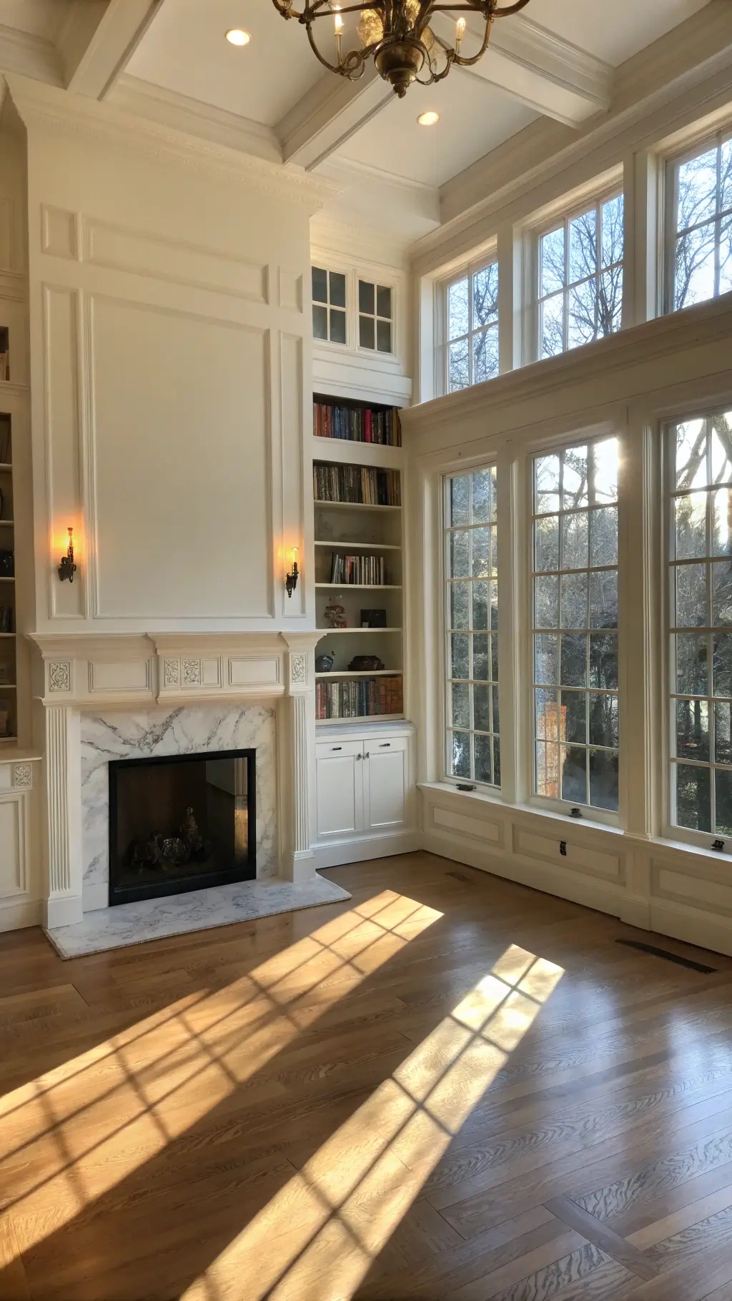 Sunlit living room with high ceilings, marble fireplace, floor-to-ceiling warm cream built-ins, oak flooring, and vintage books under integrated LED cabinet lighting, shot in f/2.8 for depth of field