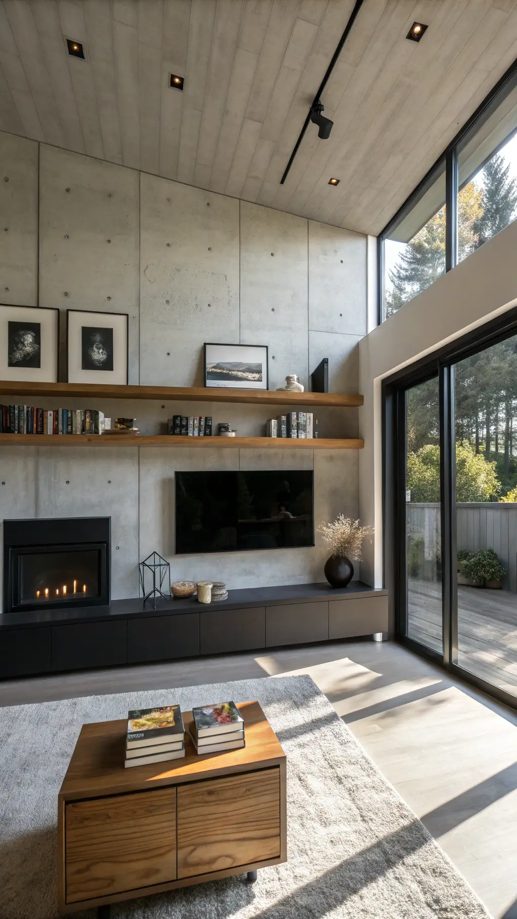 Minimalist 18x22ft living space with matte black fireplace, white oak floating shelves with contemporary art pieces, and floor-to-ceiling windows with morning light. Strong shadows on concrete accent wall, shot in f/8 for sharp architectural details.