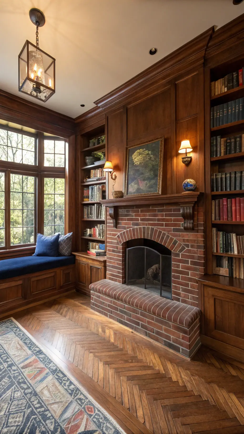 Cozy reading nook with red brick fireplace, walnut bookcases full of leather-bound books, vintage globes, brass lamps, and a window seat with navy velvet cushions, all bathed in warm afternoon sunlight and soft lamp light.