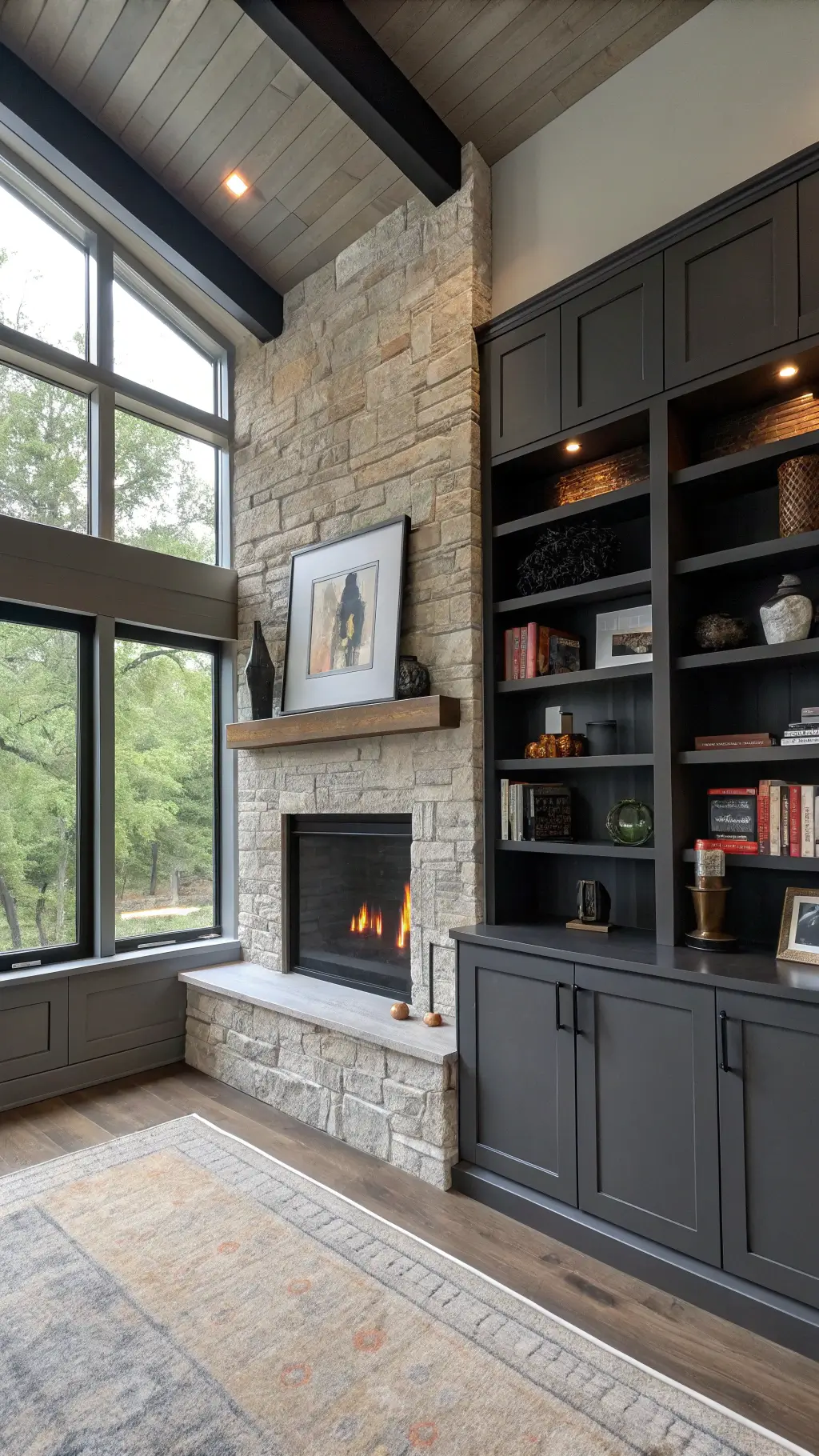 Sophisticated home office with charcoal gray built-ins, limestone fireplace, mixed media shelving styled with abstract sculptures and design books, lit softly by overcast daylight through industrial steel windows