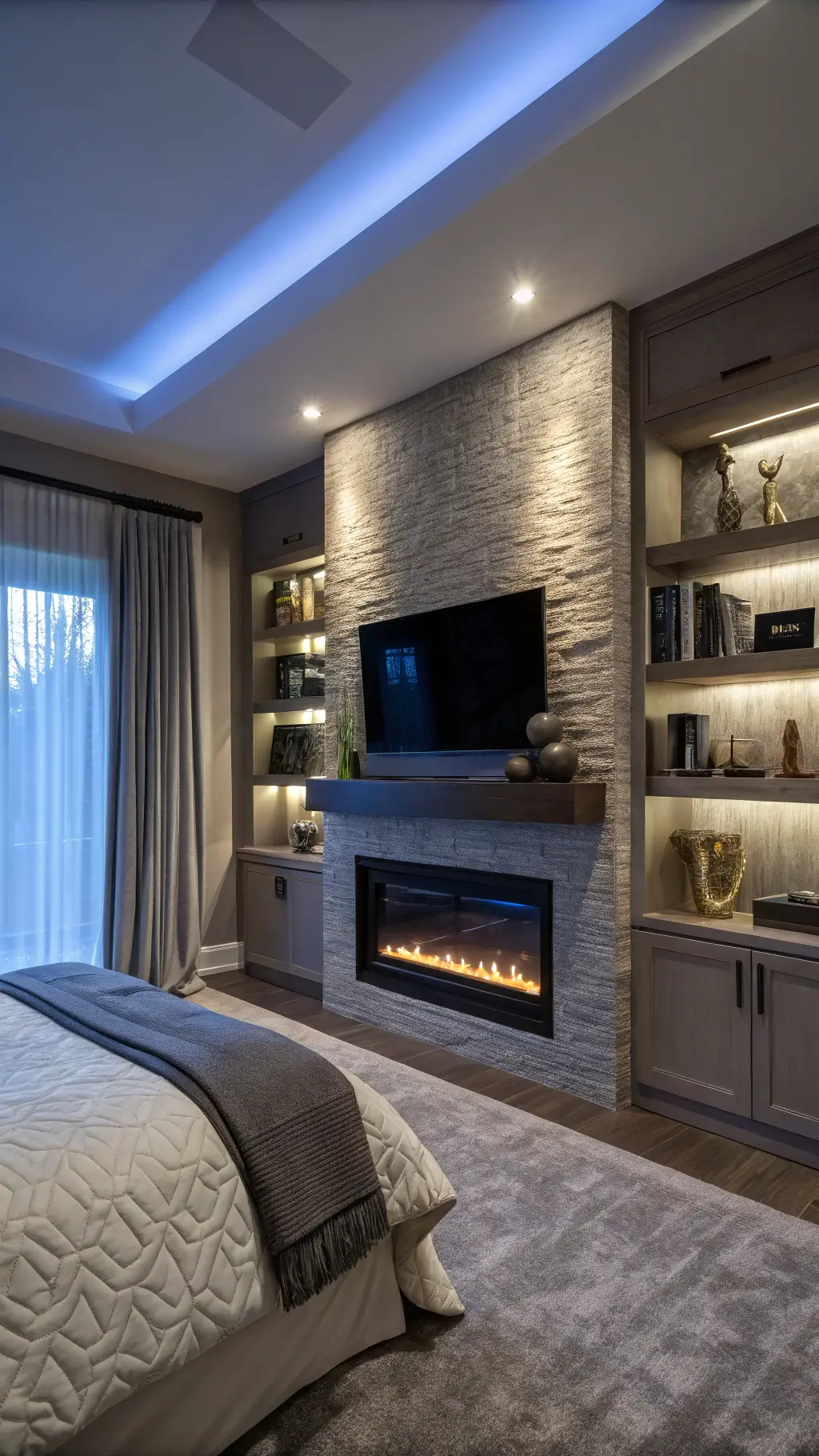 Master bedroom with double-sided fireplace, floating shelves, art photography, sculptural objects and textured grasscloth wallpaper, enhanced by twilight blue hour light and dramatic uplighting, shot in f/2 for bokeh effect