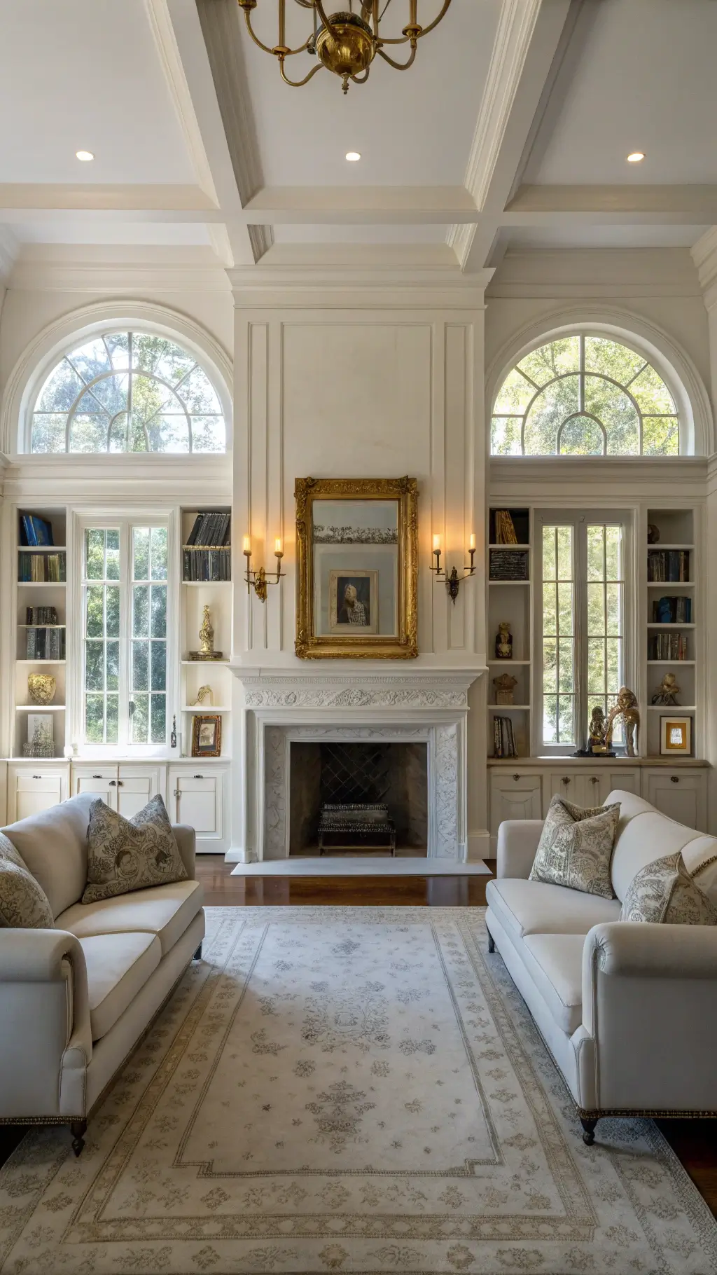 Elegant 24x30ft living room with white built-ins, a limestone fireplace, arched windows letting in morning light and a symmetrical furniture arrangement featuring dual sofas, with floor-to-ceiling shelves adorned with antique mirrors, golden framed art and collected items.