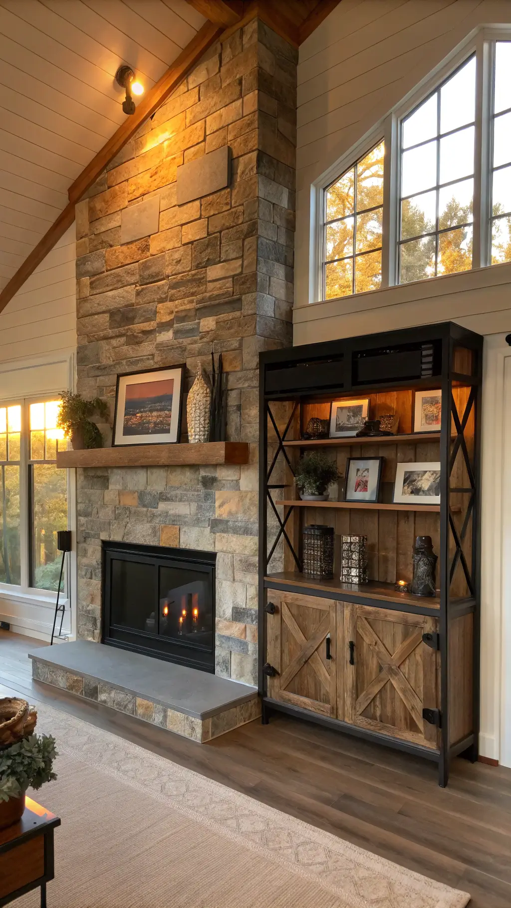 Family room with rustic-modern design featuring stacked stone fireplace, reclaimed wood and black metal built-ins, open shelving with pottery and photos against shiplap backdrop, and golden sunset light through clerestory windows.
