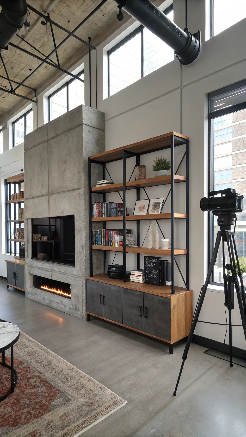 Urban loft living area with concrete fireplace, blackened steel and white oak built-ins, and modern art collection under diffused afternoon light from warehouse windows