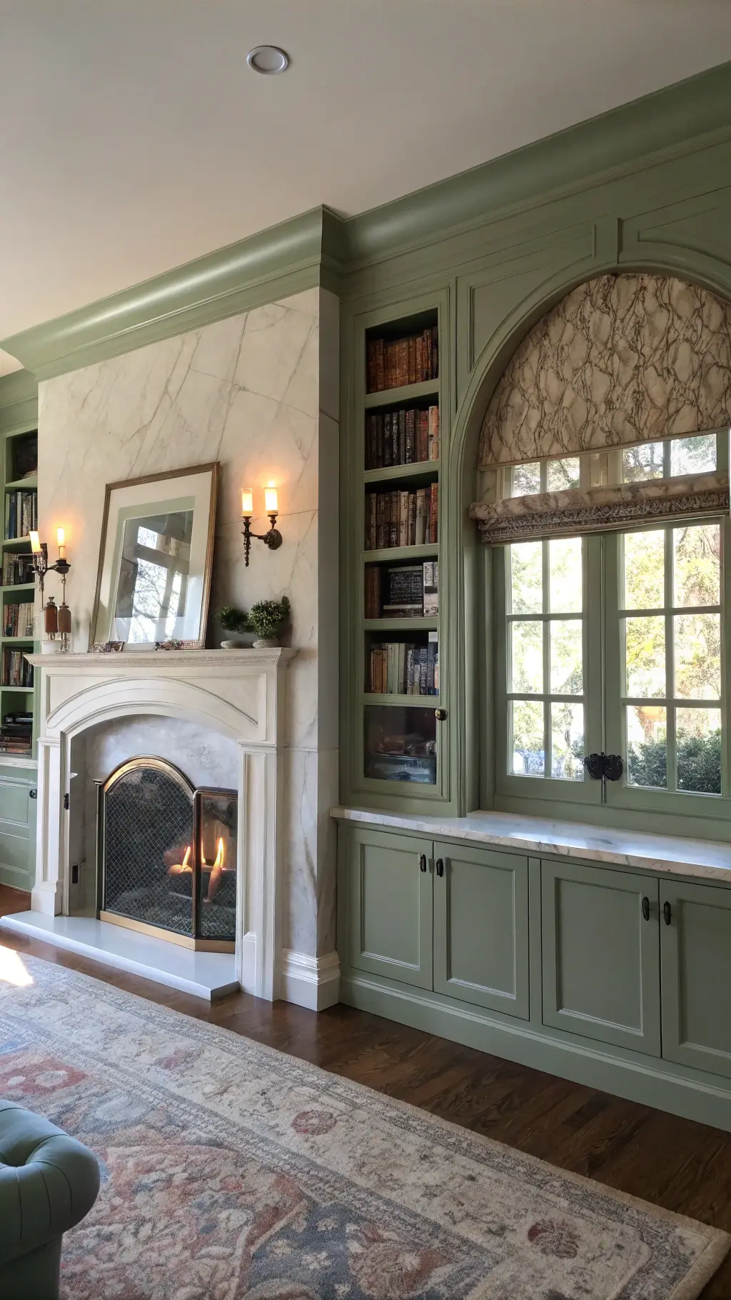 Transitional sitting room with marble fireplace, sage green arch-topped built-ins displaying vintage books and crystal collection, under soft morning light filtering through roman shades.