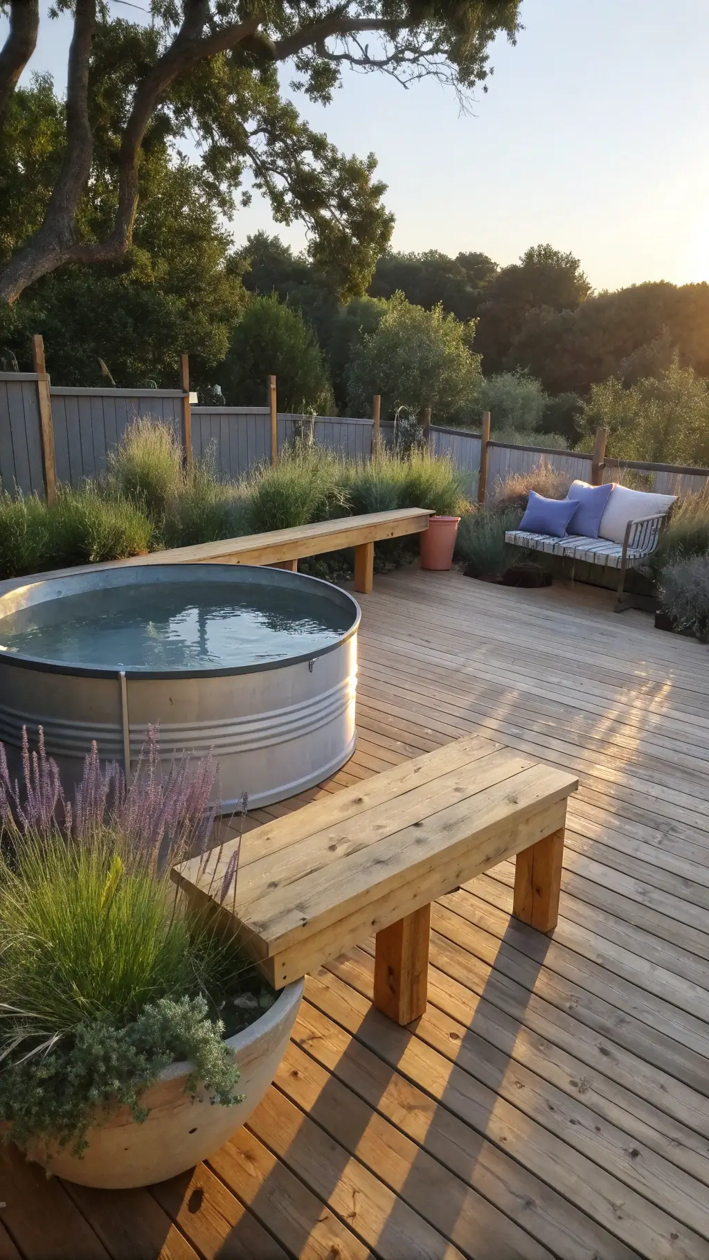Sunny backyard with galvanized steel stock tank pool and L-shaped cedar bench adorned with cream cushions during golden hour, surrounded by potted lavender and ornamental grasses, lit by modern black metal sconces and framed by dramatic shadows on wooden deck.