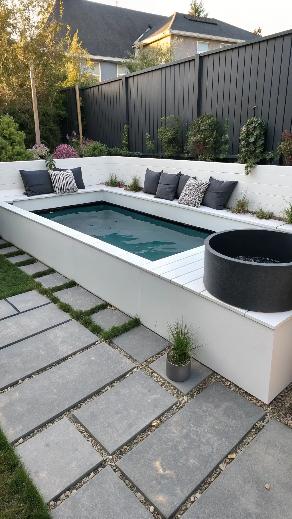 Minimalist stock tank pool in a compact urban patio with morning light reflecting off a white composite bench, grey concrete geometric pavers, and charcoal outdoor pillows