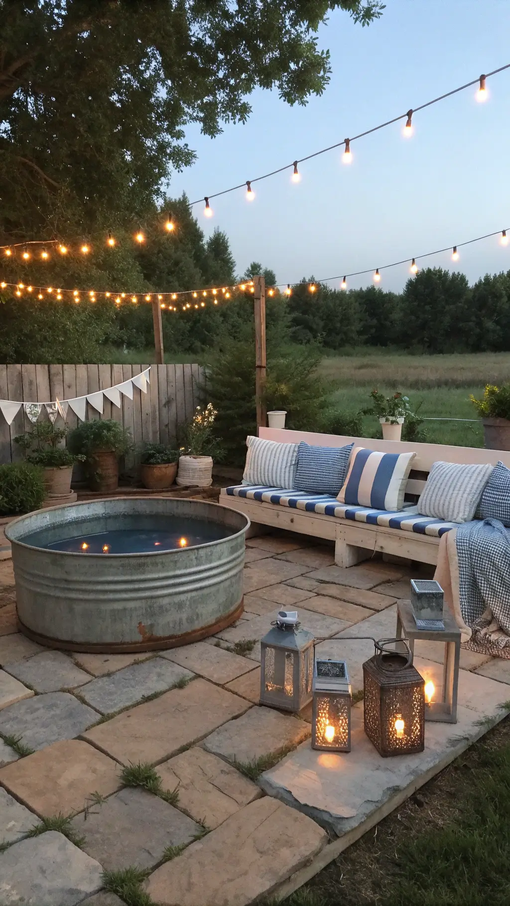 Rustic farmhouse backyard with vintage galvanized pool, distressed wooden bench with blue and white cushions, antique lanterns, and mason jar candles under string lights at magic hour
