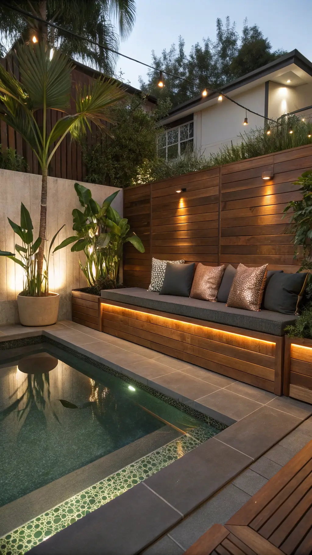 Mood-lit intimate pool evening in a 12x18ft courtyard with built-in redwood bench featuring LED underlighting, plush charcoal cushions with copper accent pillows, surrounded by tropical plants in tall ceramic planters.