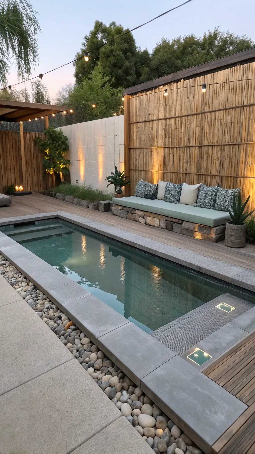 Zen-inspired pool retreat with driftwood gray composite bench, bamboo privacy screens, river rock border, and sage green cushions on a minimalist bench, accented by dawn lighting and succulents in concrete planters.