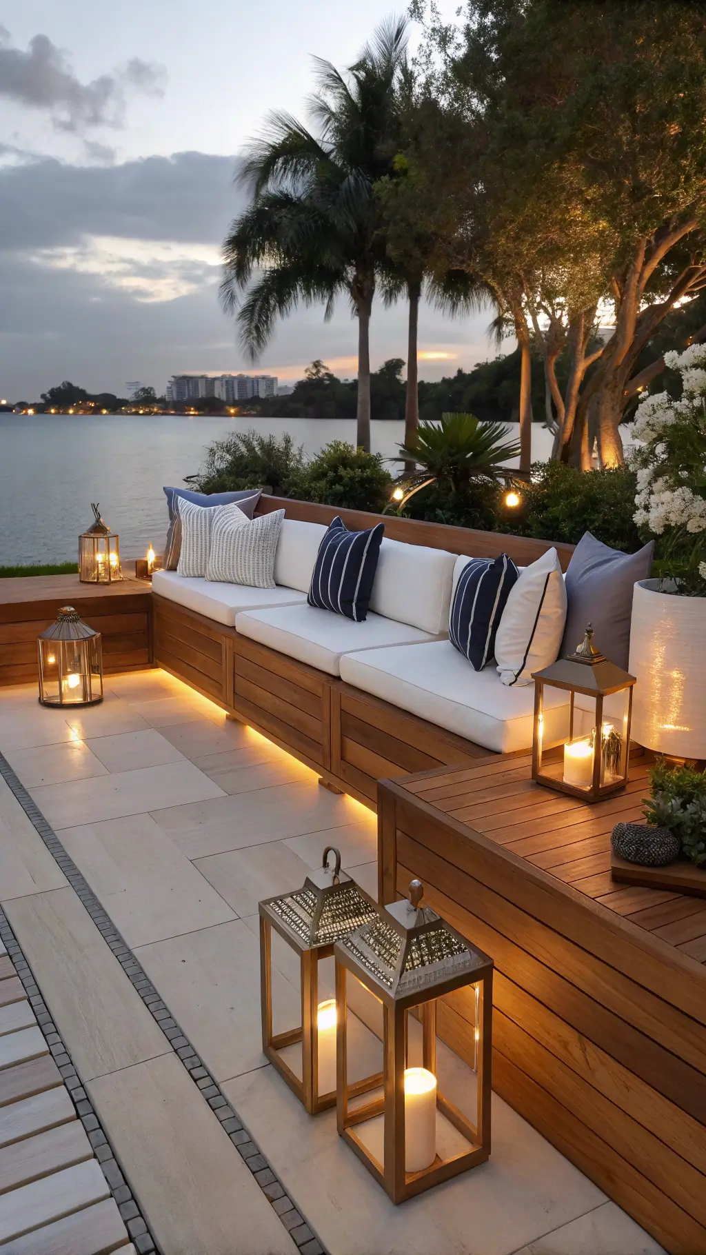 Luxe evening entertainment space featuring a premium teak bench, white cushions with navy piping, brass accent tables with lanterns, and Mediterranean pottery with plants, lit by warm uplighting and reflecting on water at dusk.