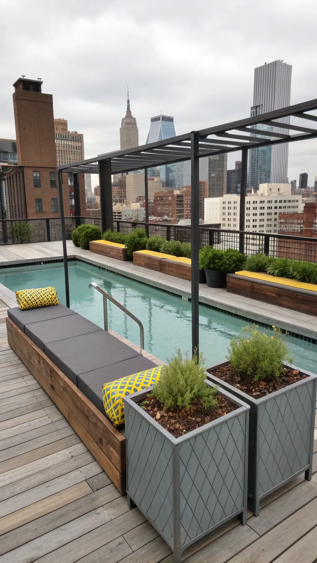 Overhead view of a modern industrial rooftop pool setup in urban context, featuring steel bench with ipe wood seating, grey and yellow geometric cushions, and architectural plants in galvanized planters against city skyline backdrop.