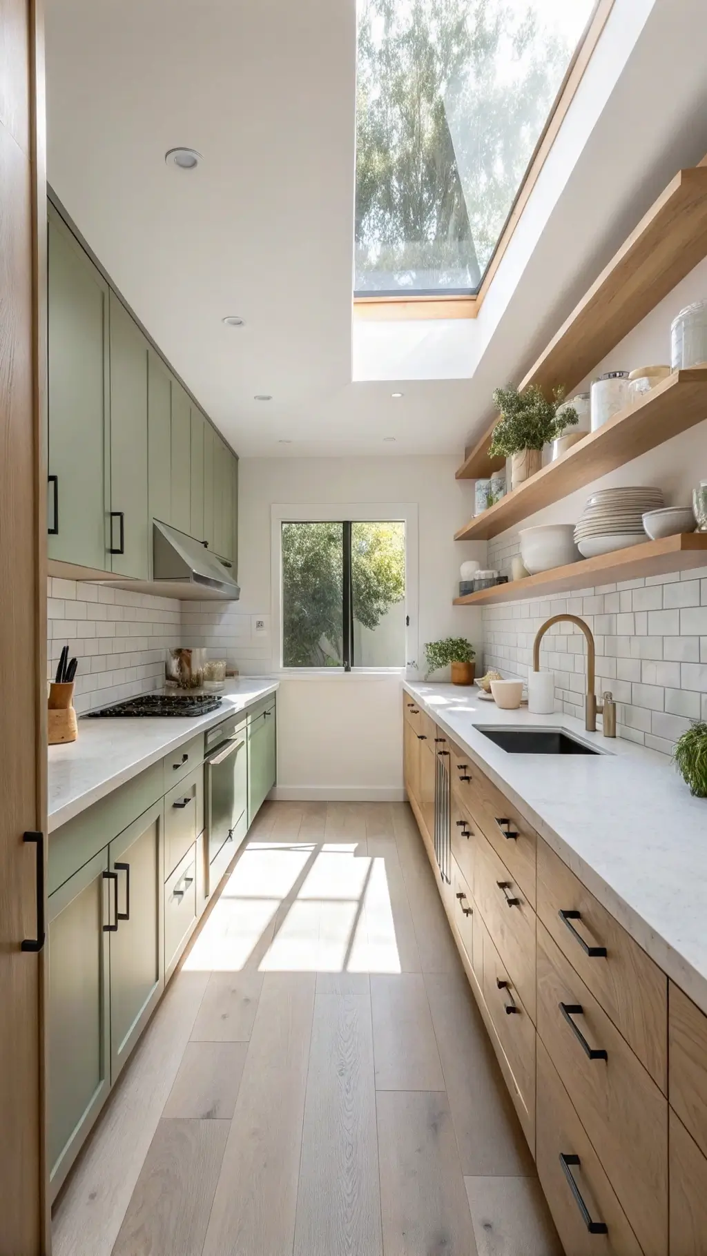 Bright morning light illuminating a minimalistic Scandinavian galley kitchen with sage green flat-panel cabinets, pale terrazzo countertops, and white oak floating shelves displaying minimal ceramics.