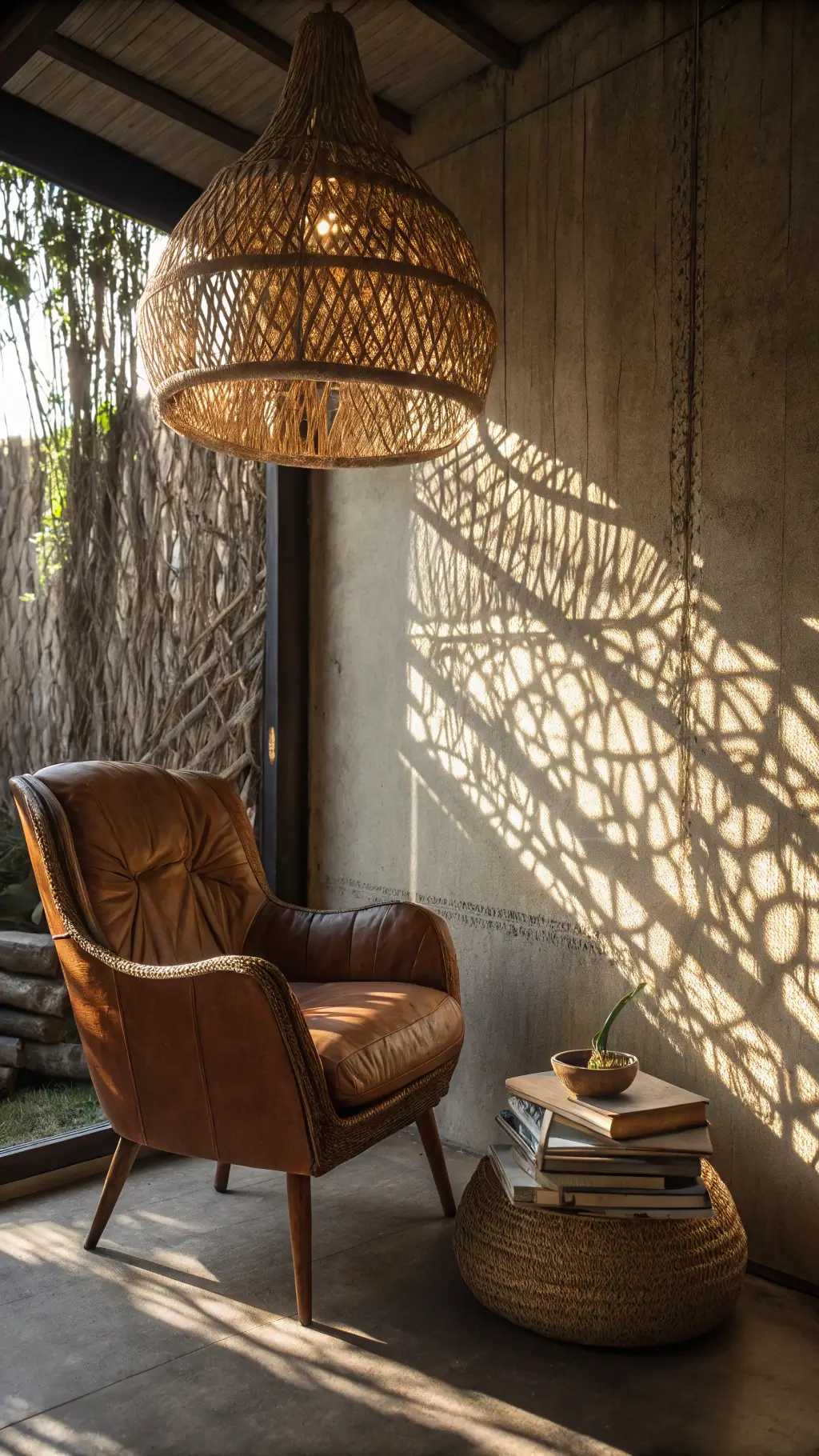 Vintage leather armchair in a reading corner, adorned with an oversized woven pendant casting dynamic shadow patterns on the walls in the late afternoon light, next to a stack of books.