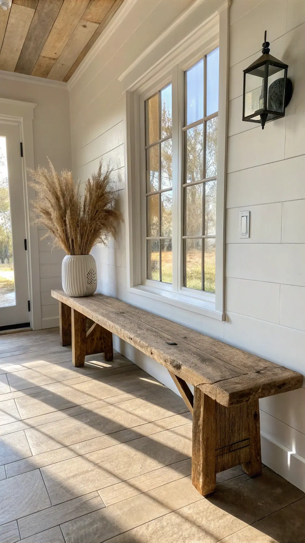 Sunny entryway with weathered teak wabi sabi bench against white-washed wall, featuring natural light from a large window, a ceramic vase with dried pampas grass, and a neutral color palette suggesting tranquil minimalism.