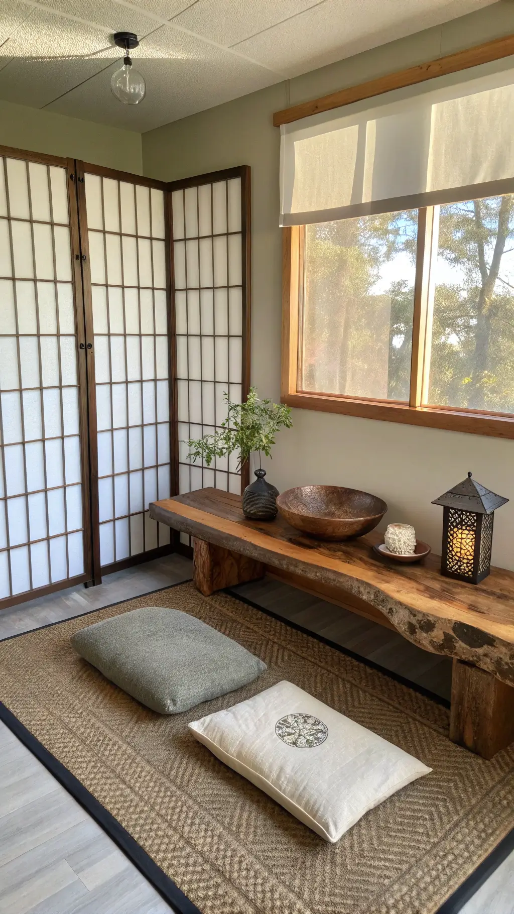 Zen meditation corner featuring a floating live-edge walnut bench under a rice paper shoji screen, with dappled afternoon light creating intricate patterns on the handmade linen cushion and worn copper singing bowl atop the bench.